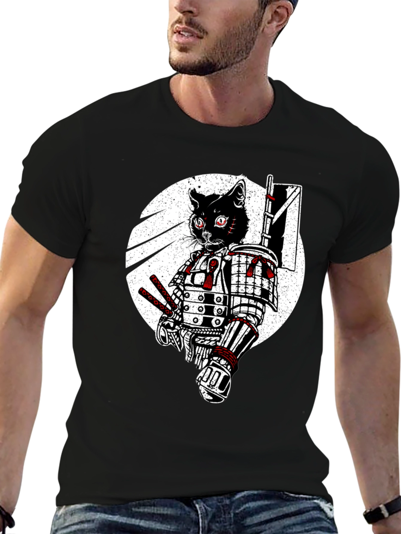 Black Samurai Cat Graphic Tee - Black Cotton T-Shirt view 6
