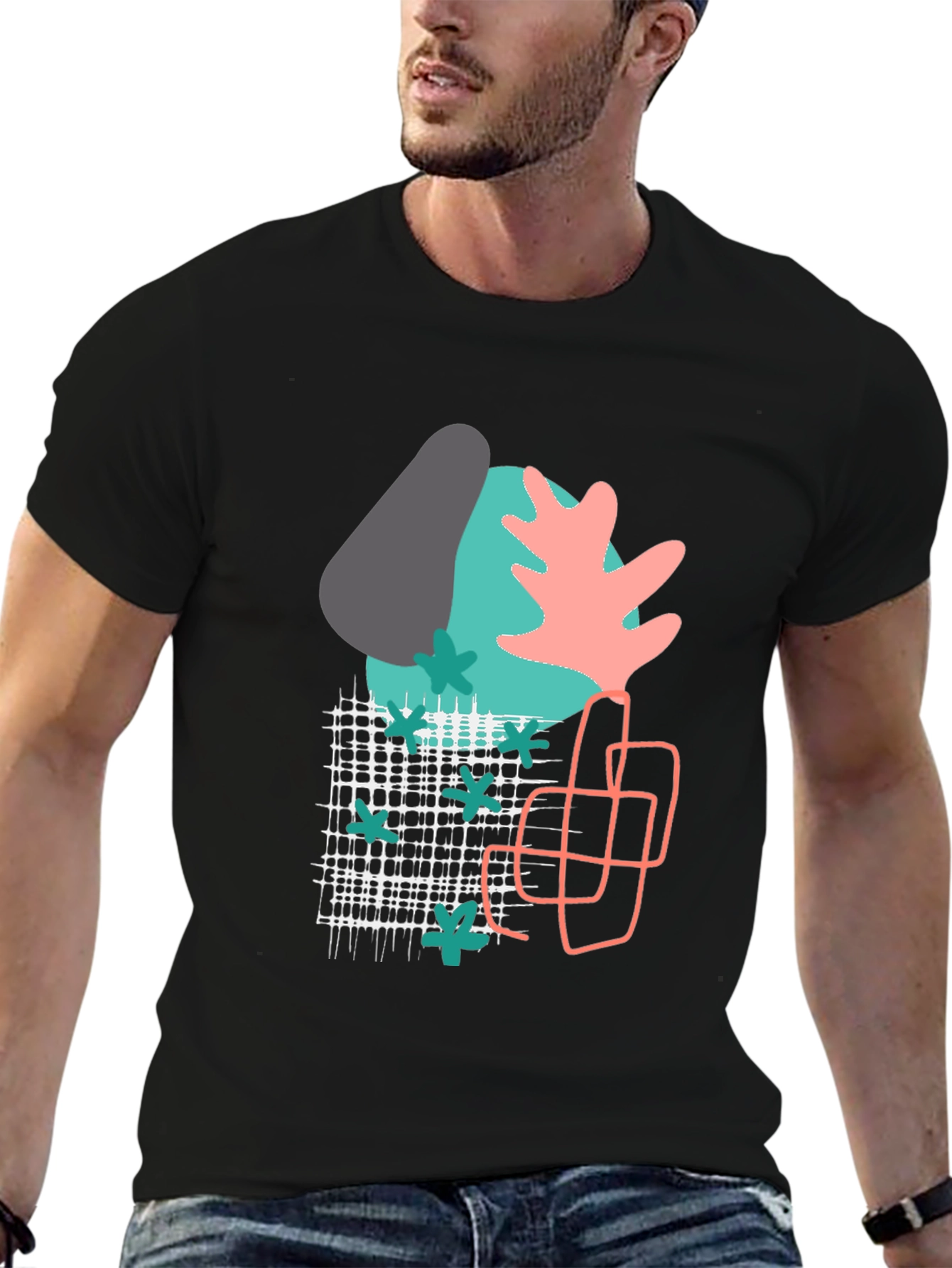 Black Abstract Geometric Print Black T-Shirt view 6