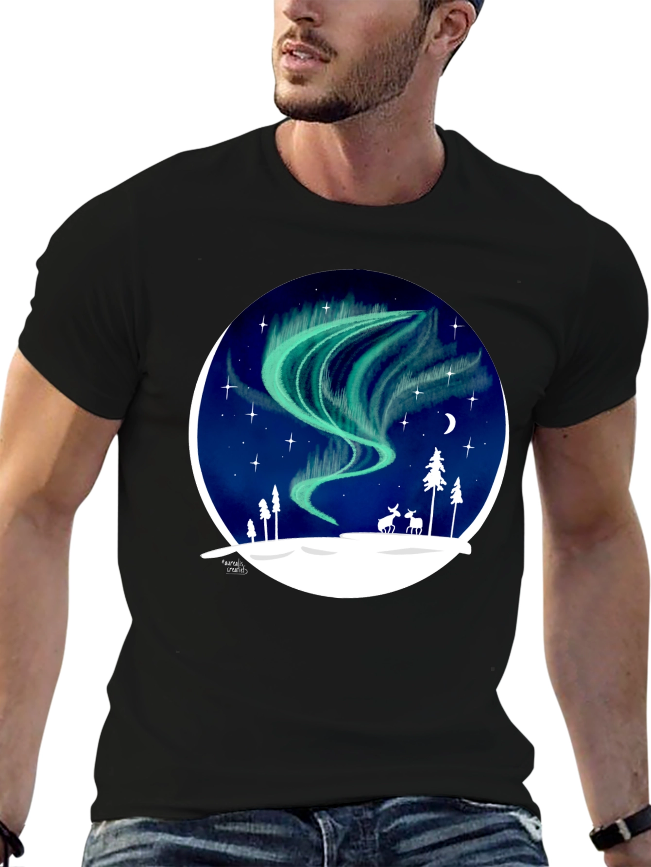 Black Northern Lights T-Shirt: Unique Winter Scene Design view 6