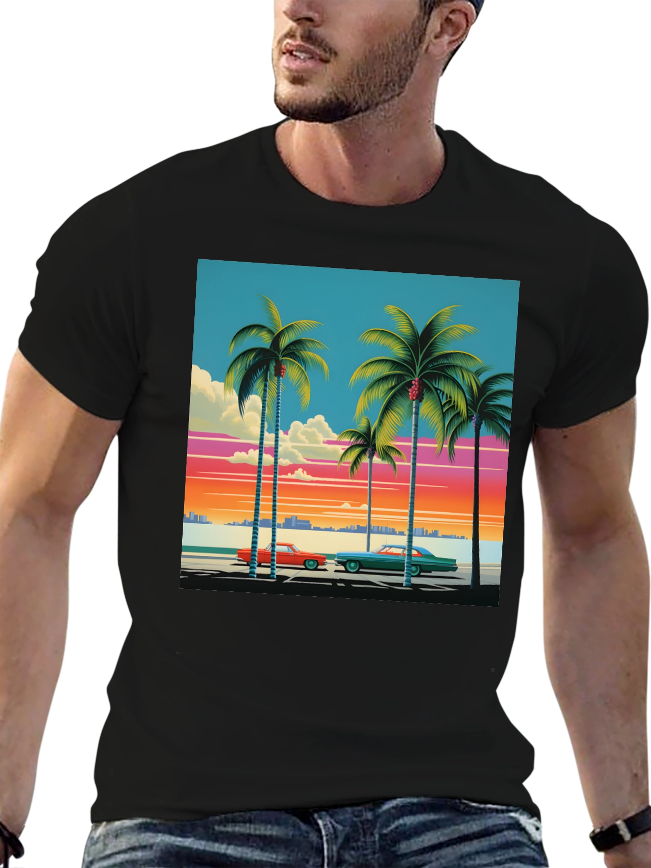 Black Retro Miami Beach Palm Tree T-Shirt view 6