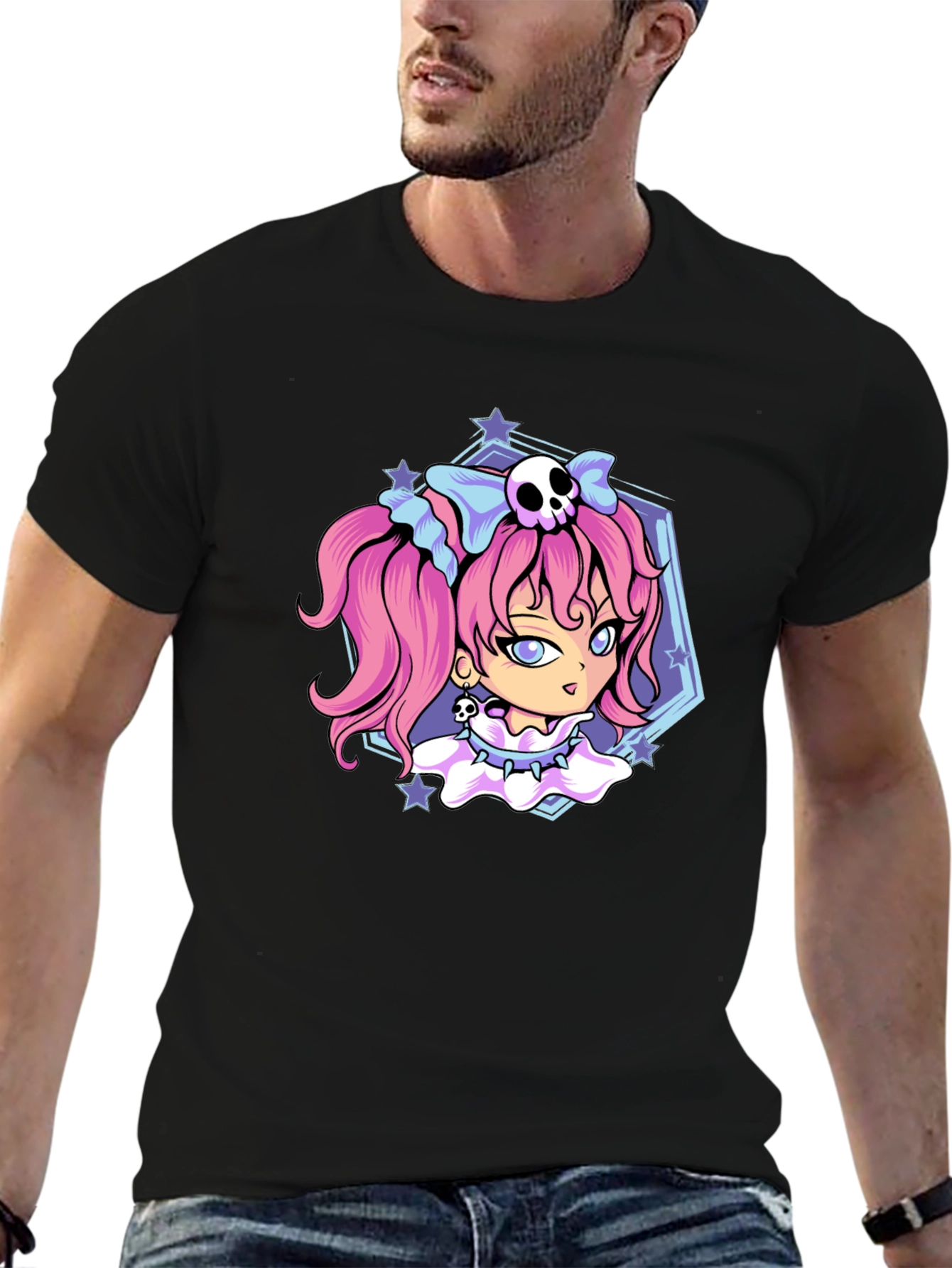 Black Gothic Anime Girl Black T-Shirt view 6