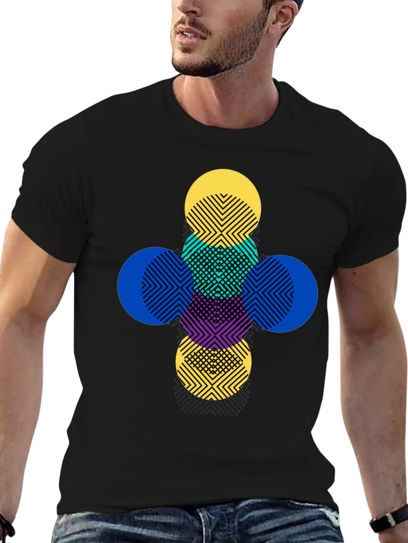 Black Geometric Circles Graphic Tee - Modern Pattern T-Shirt view 6
