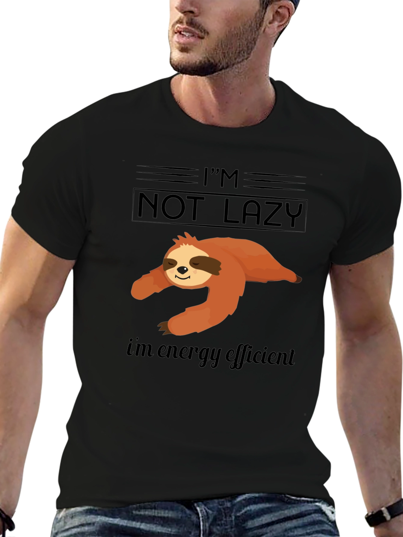 Black I'm Not Lazy Energy Efficient Sloth Graphic T-Shirt view 6