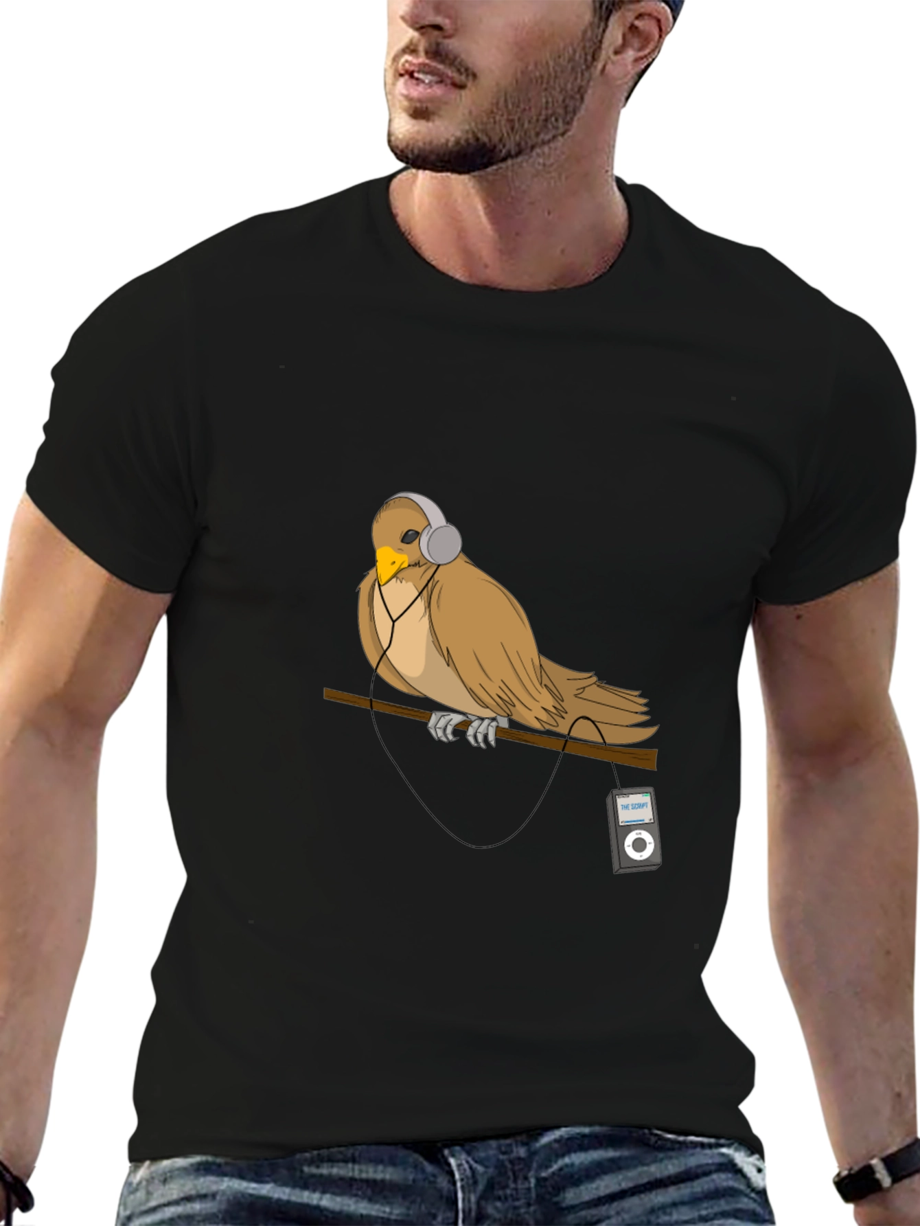 Black Bird with Headphones Graphic T-Shirt view 6