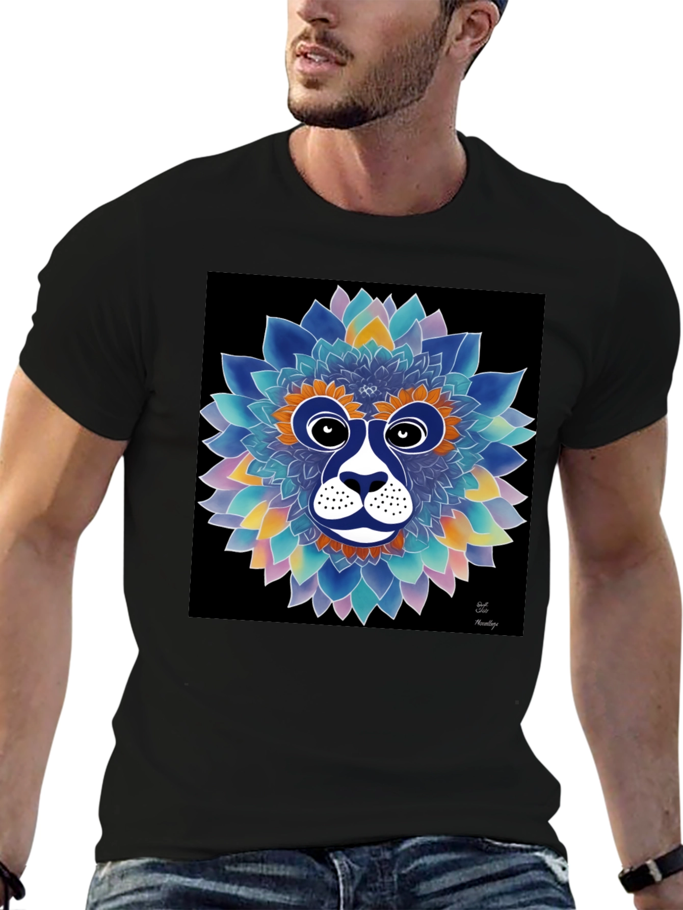 Black Floral Lion Face Graphic T-Shirt view 6