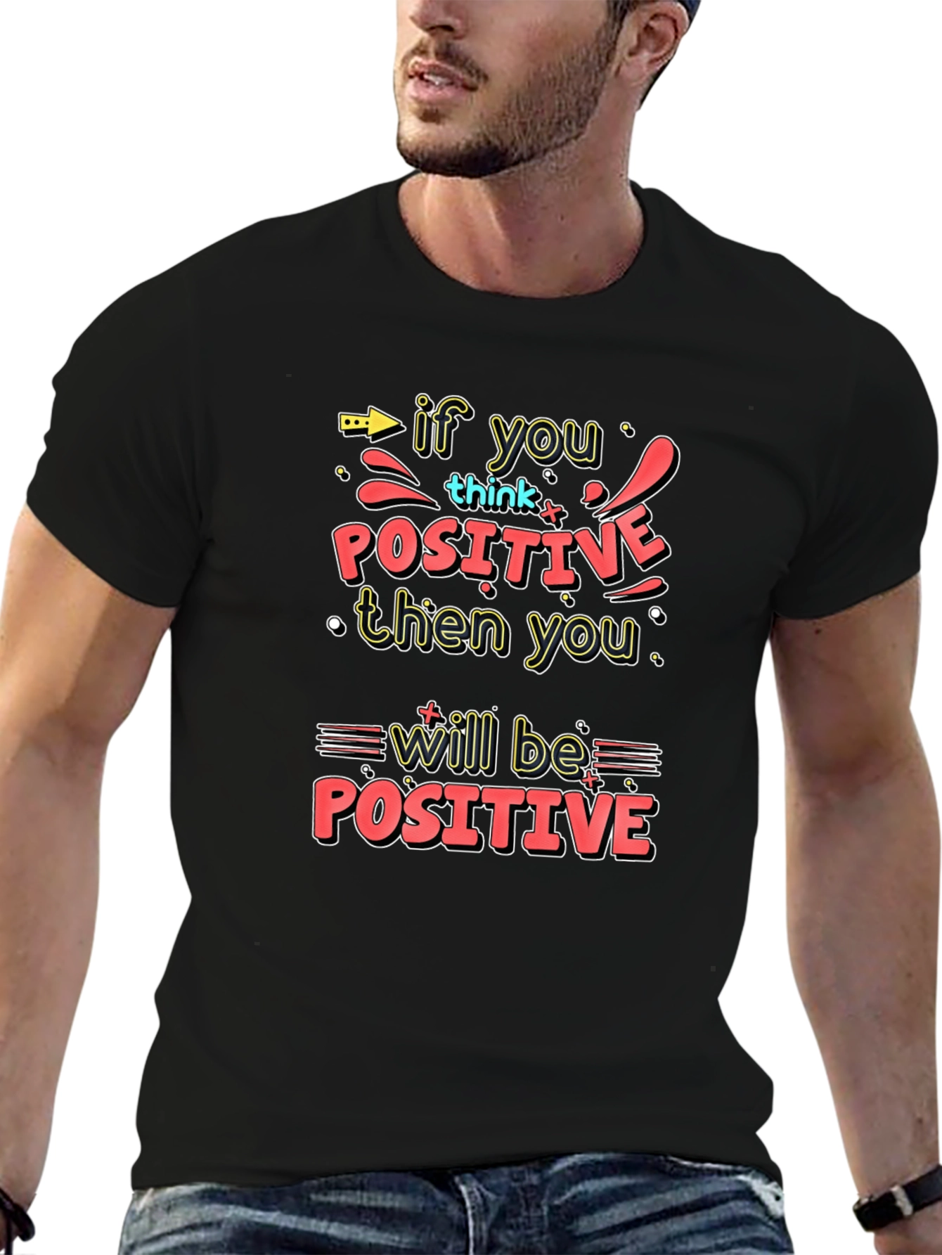 Black Motivational Graphic Tee - Think Positive! view 6