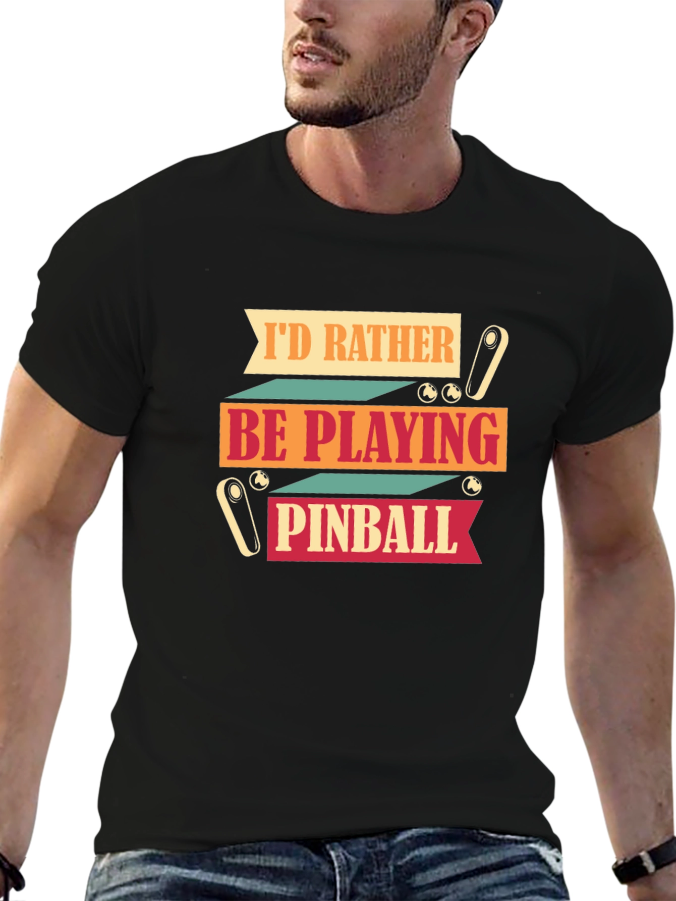 Black I'd Rather Be Playing Pinball Graphic T-Shirt view 6