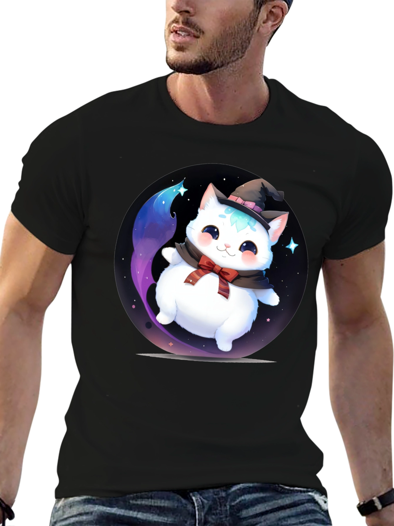 Black Cute Cat Wizard Graphic Tee - Soft Cotton Blend T-Shirt view 6