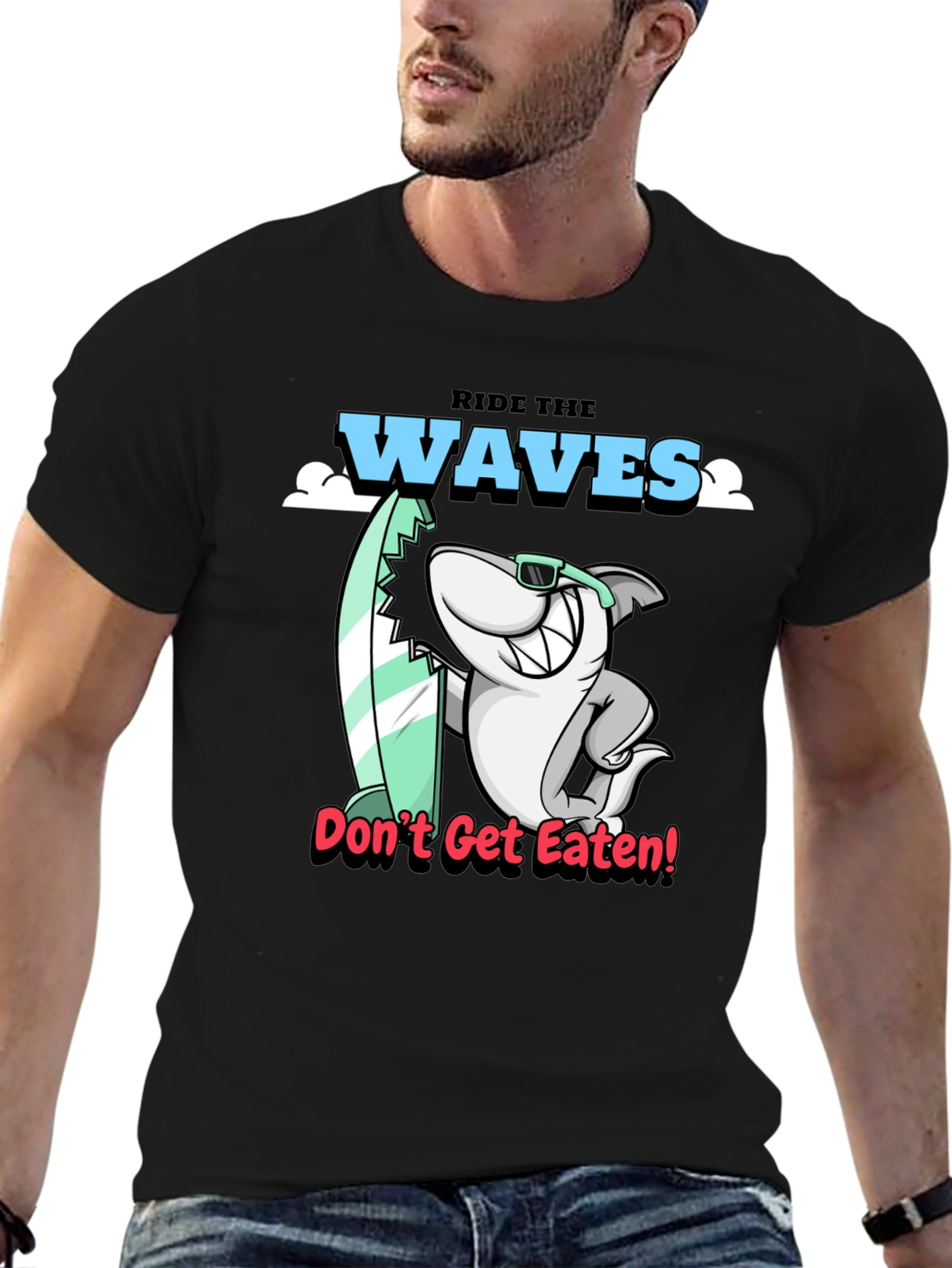 Black Ride the Waves Shark Graphic T-Shirt view 6