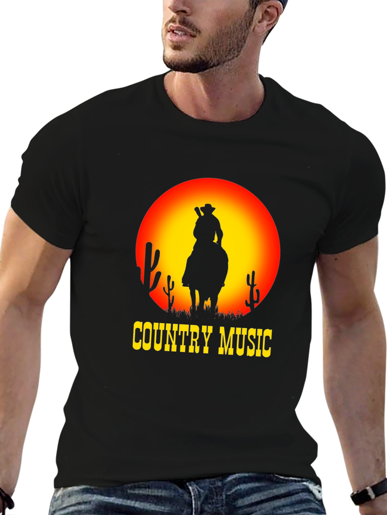 Black Country Music Sunset Cowboy Black T-Shirt view 6