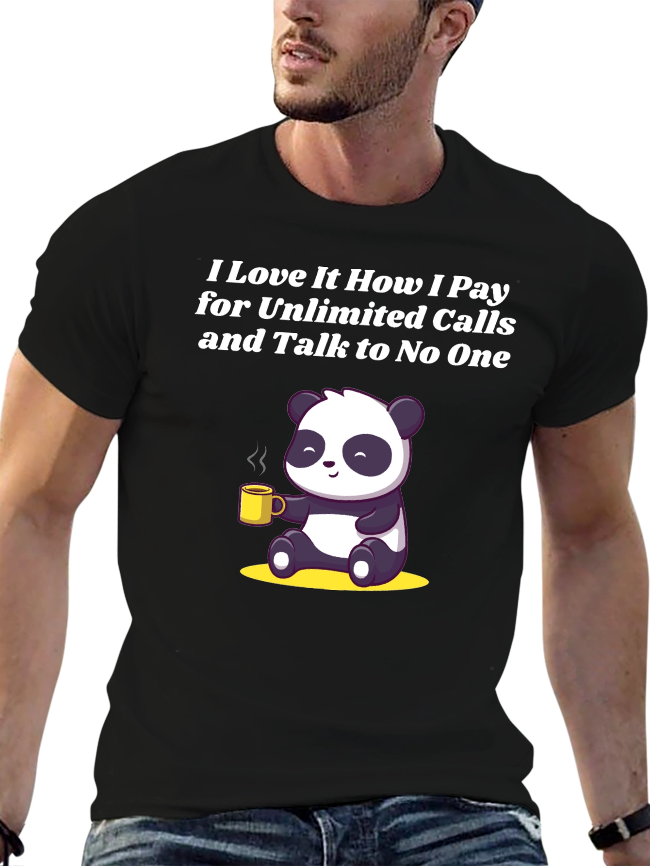 Black Funny Panda Unlimited Calls Graphic T-Shirt view 6