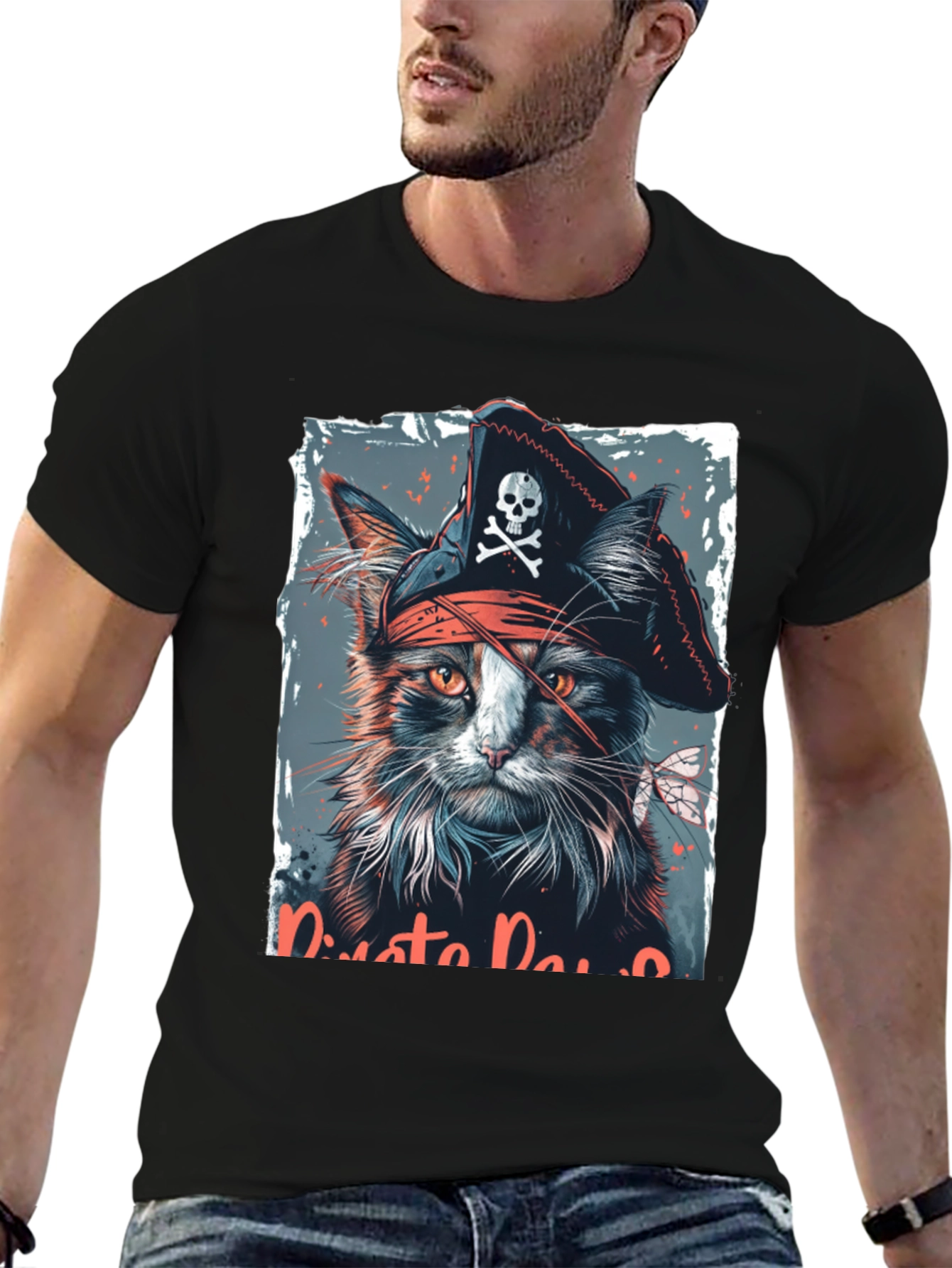 Black Pirate Cat Graphic T-Shirt - Black view 6