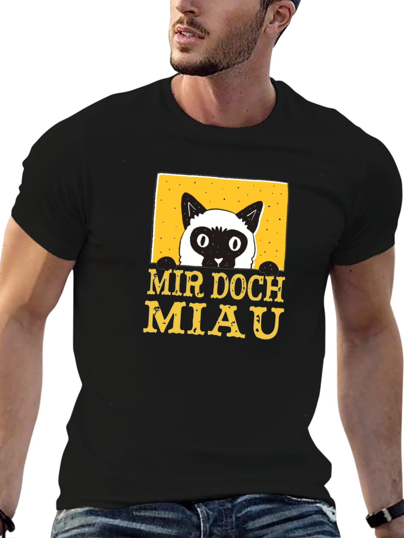 Black Mir Doch Miau Cat T-Shirt - Black Cotton Blend Tee view 6