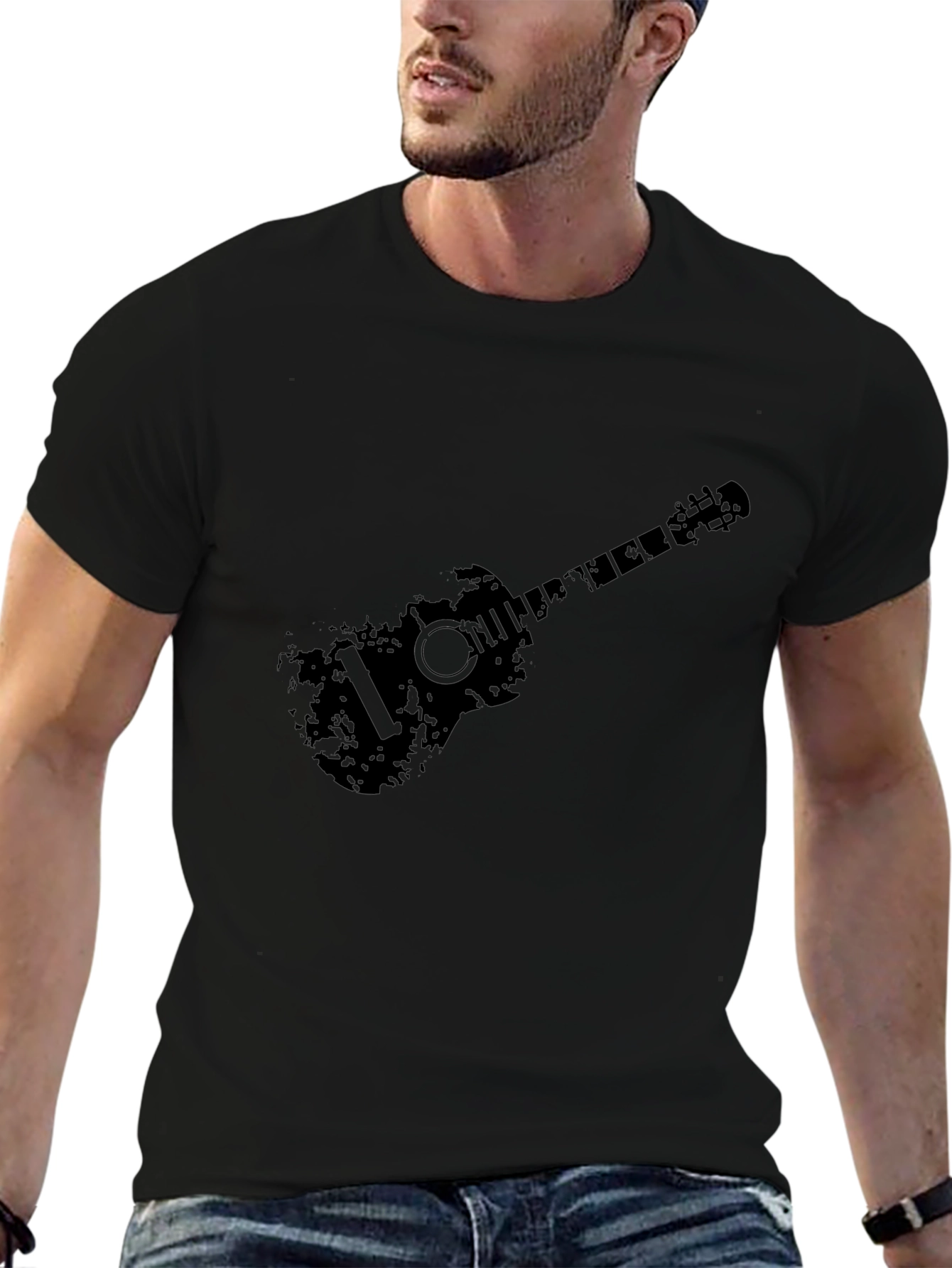 Black Distressed Guitar Graphic Black T-Shirt view 6