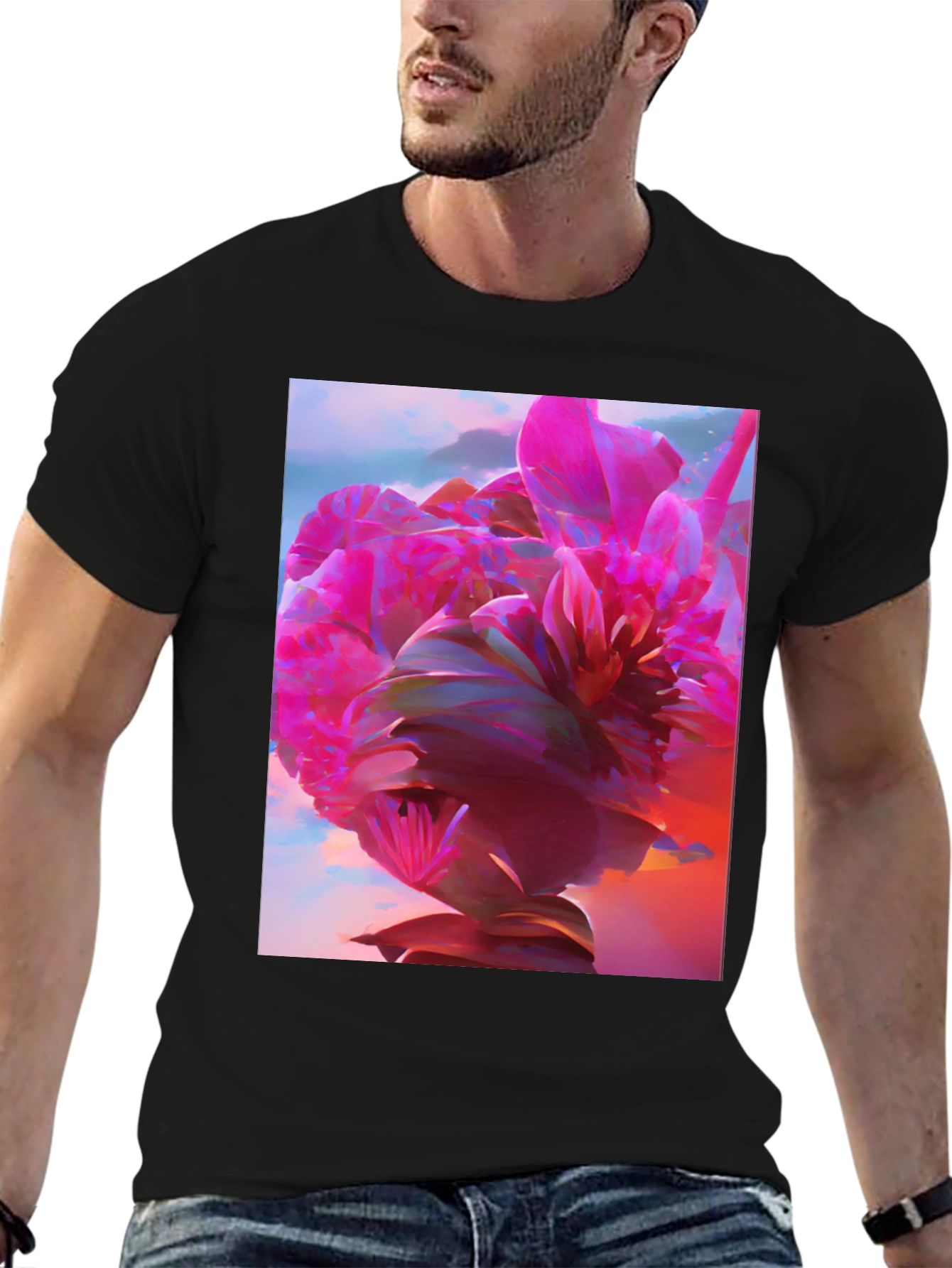 Black Floral Graphic Tee - Abstract Pink Flower Design view 6