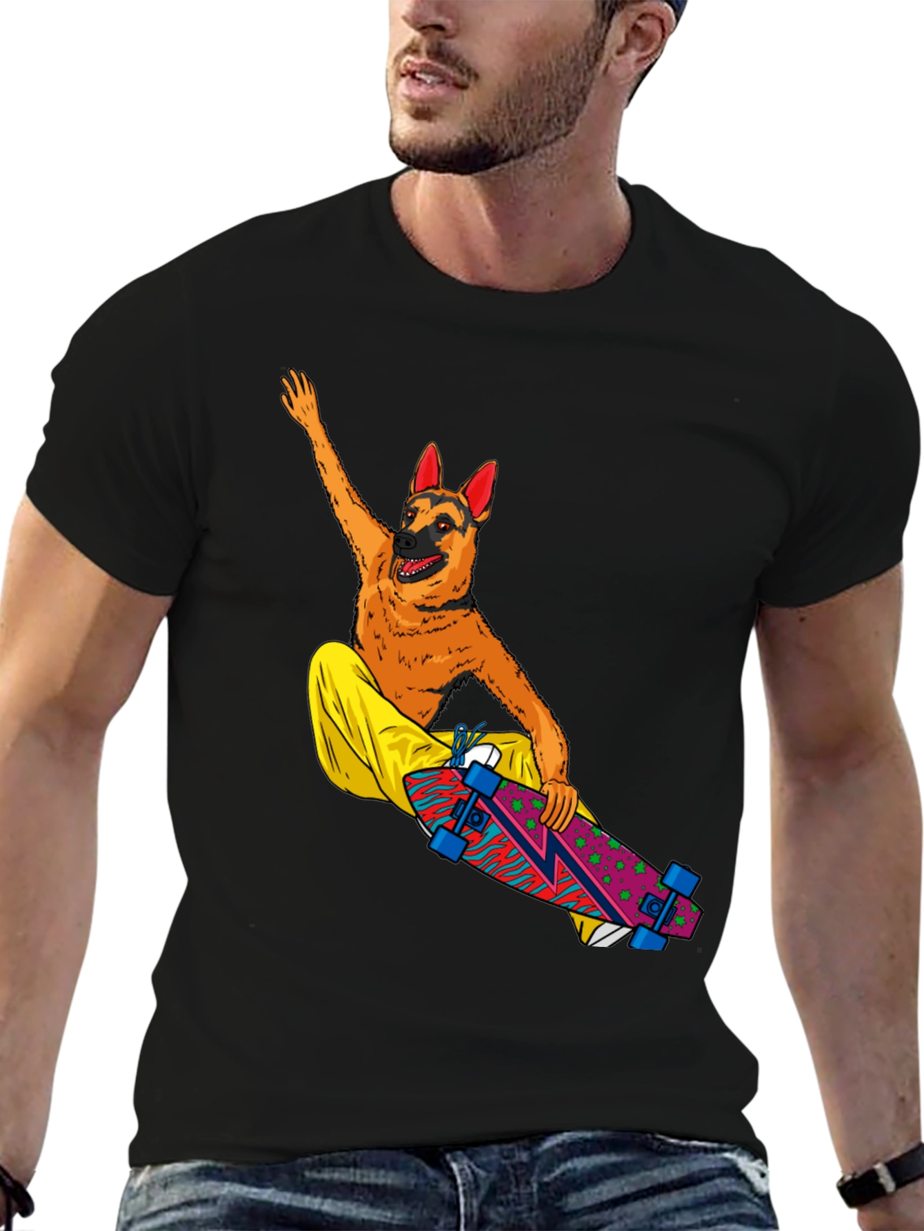 Black Dog Riding Skateboard Graphic T-Shirt view 6