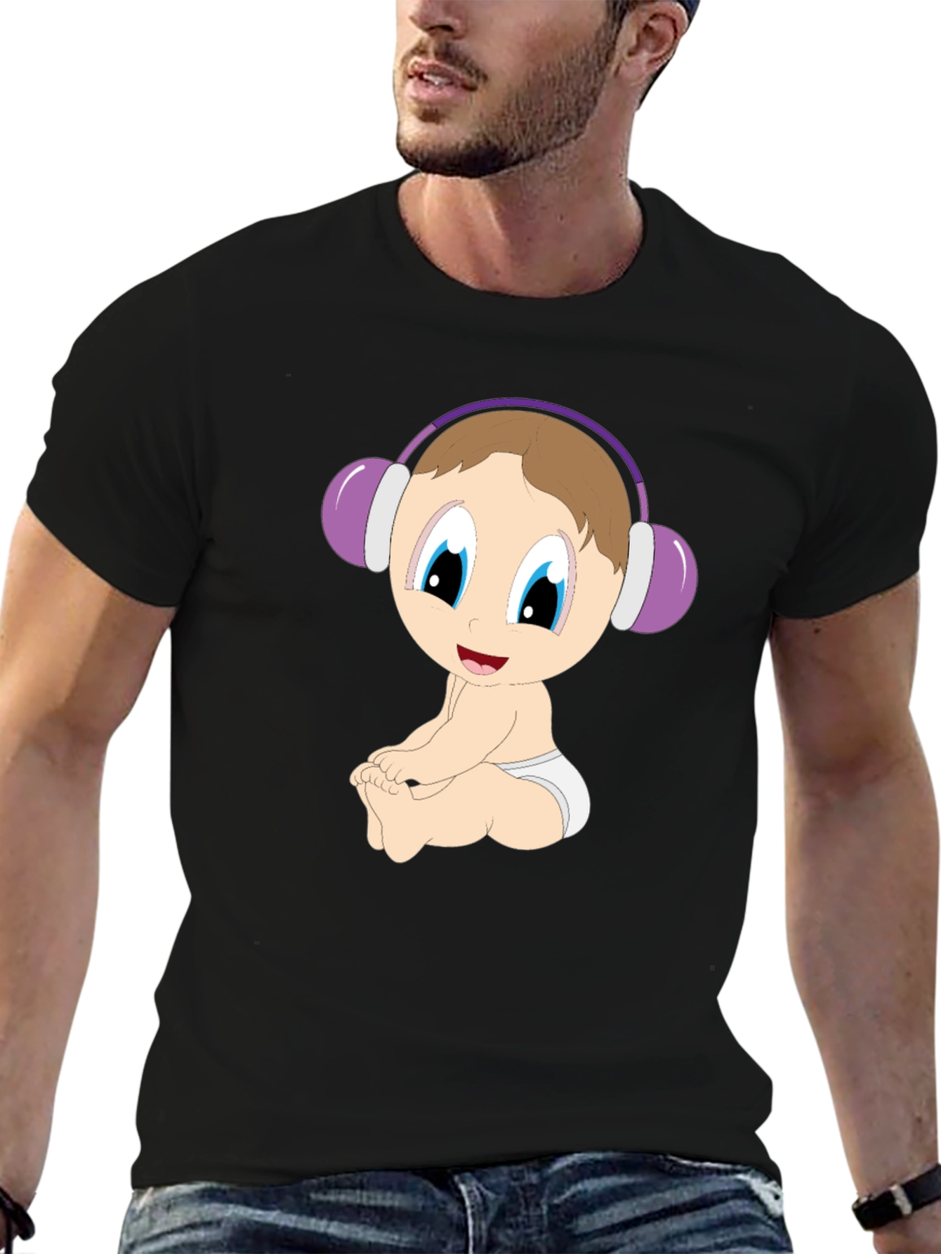 Black Baby DJ Cartoon Black T-Shirt view 6