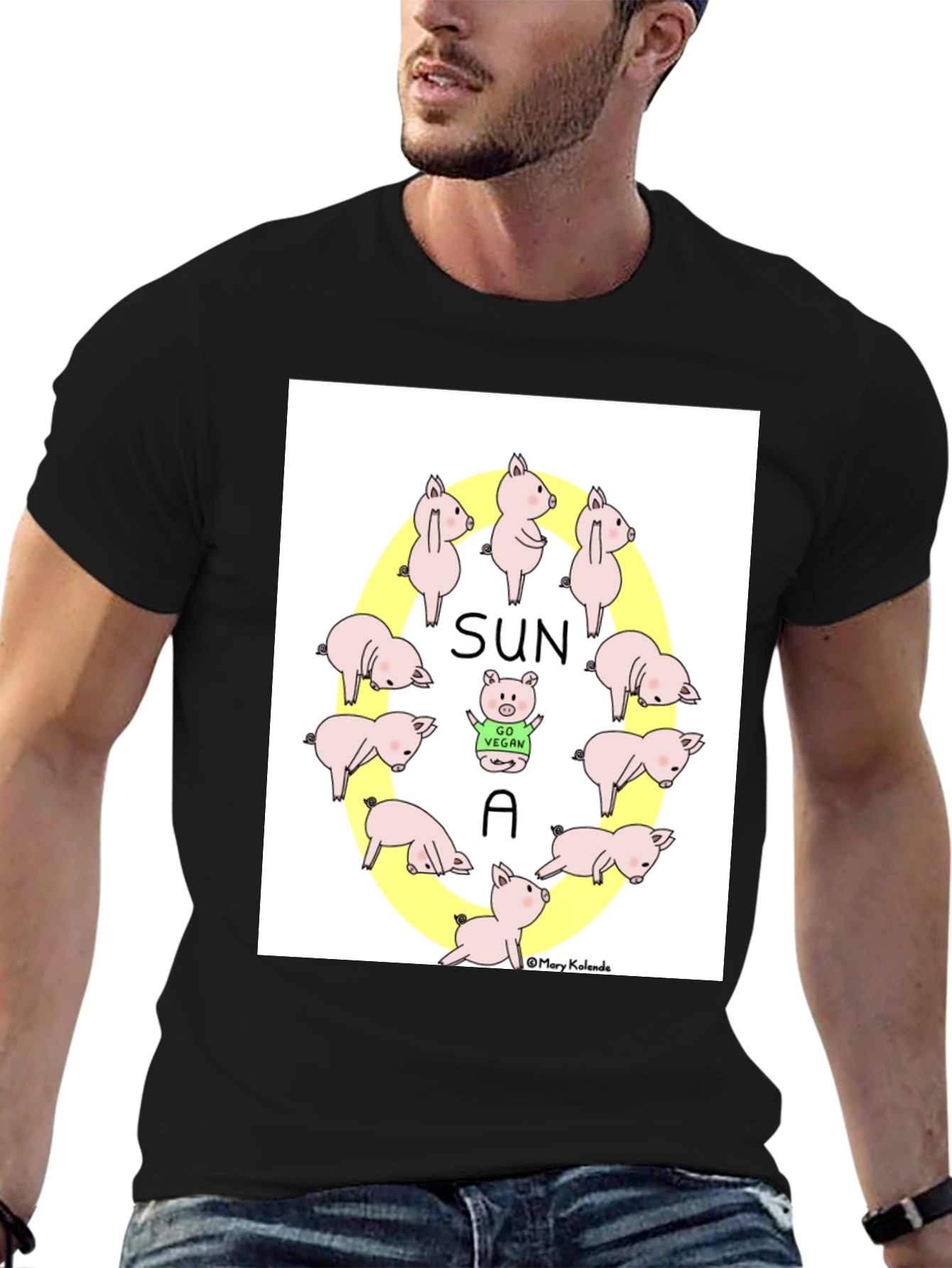 Black Cute Vegan Pig T-Shirt - Sun A Vegan Pun Tee view 6