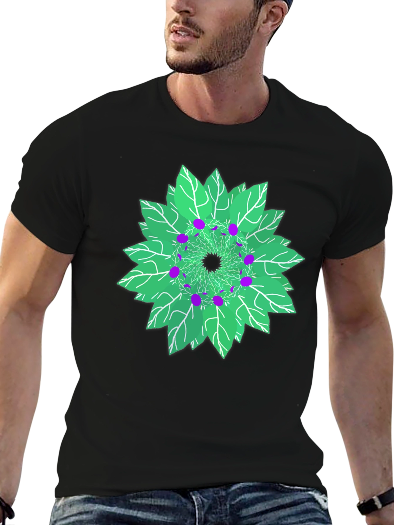 Black Nature Mandala Graphic T-Shirt - Unique Leaf Design view 6