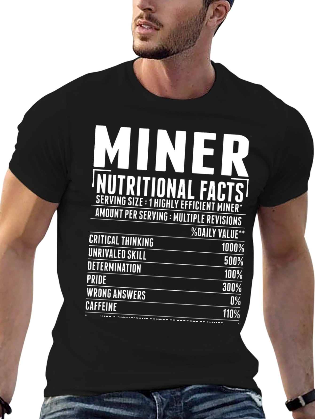 Black Miner Nutritional Facts Black T-Shirt view 6