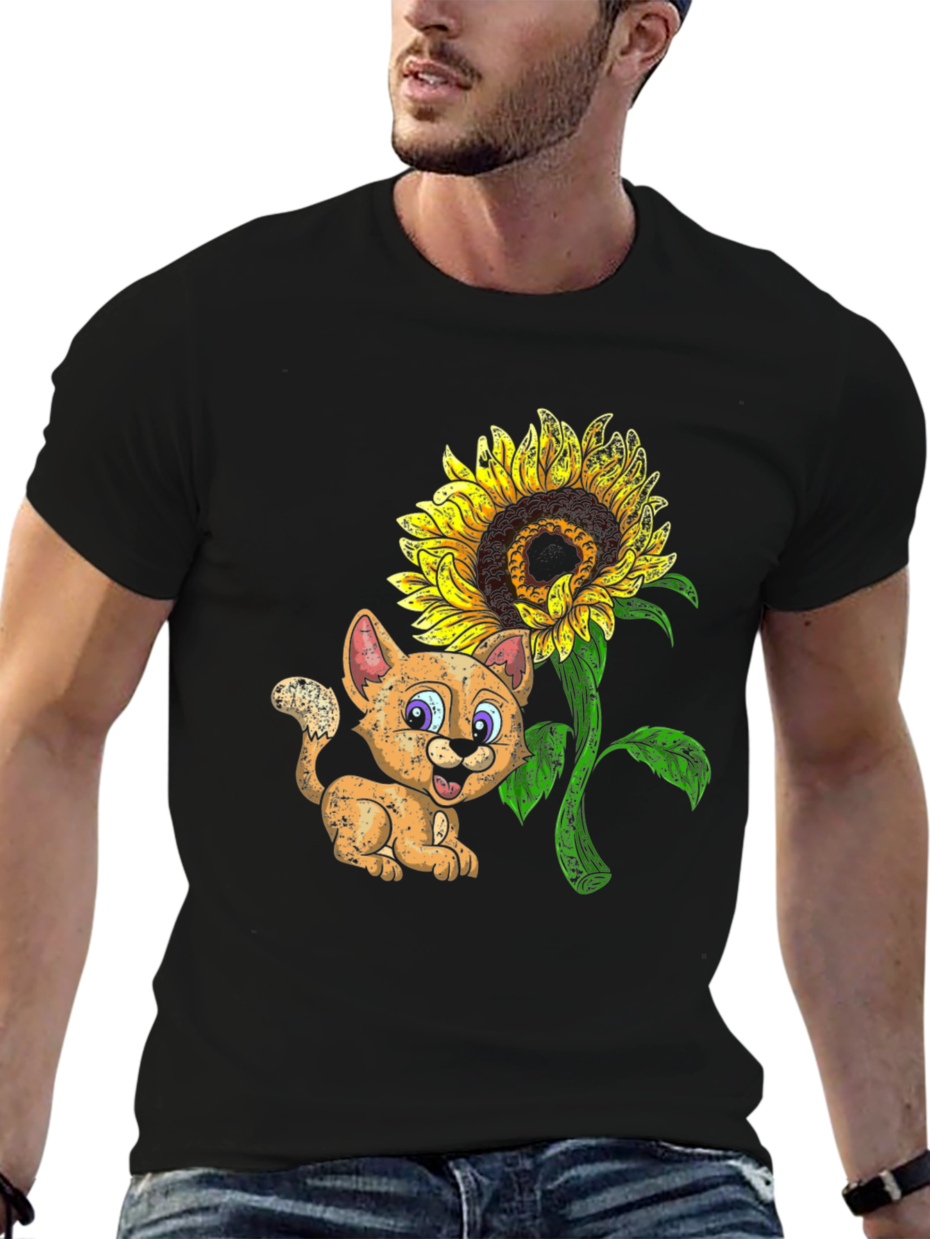 Black Cute Cartoon Cat & Sunflower Black T-Shirt view 6