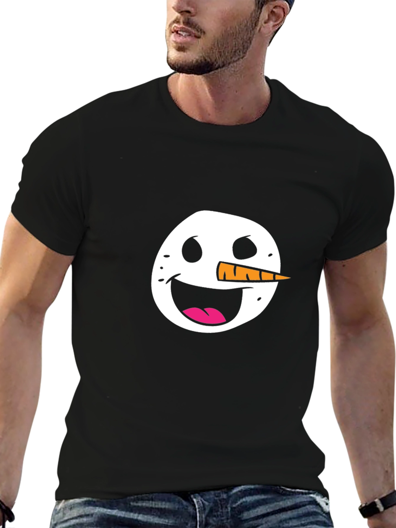 Black Snowman Face Graphic Tee - Black Cotton Casual Shirt view 6