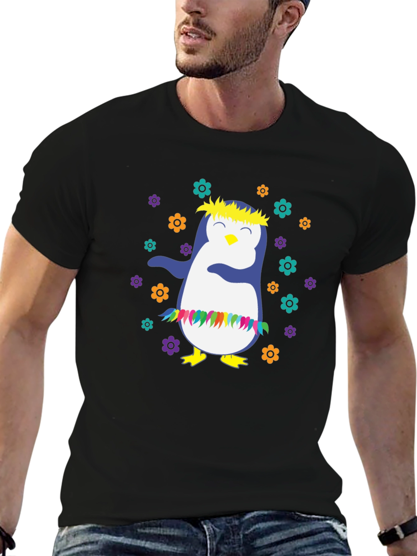 Black Dabbing Penguin T-Shirt - Hawaiian Luau Style view 6