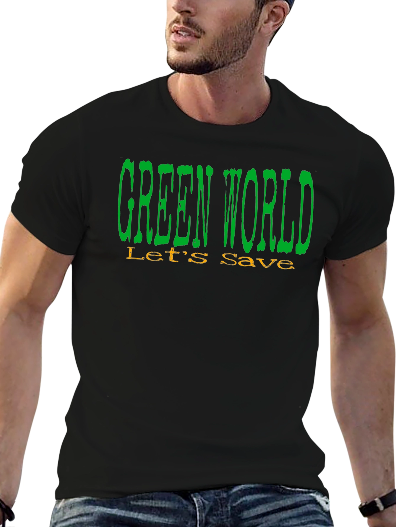 Black Green World Let's Save Earth Graphic Tee - Black Cotton T-Shirt view 6