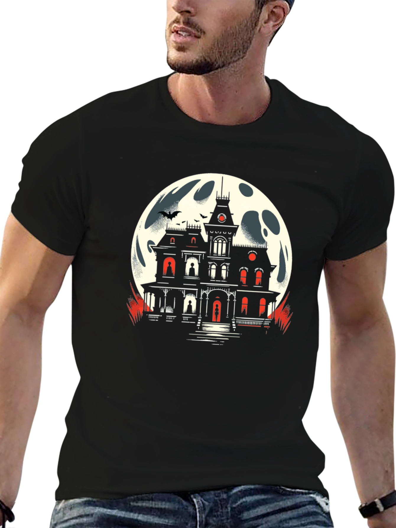 Black Haunted House Moon Graphic Tee view 6