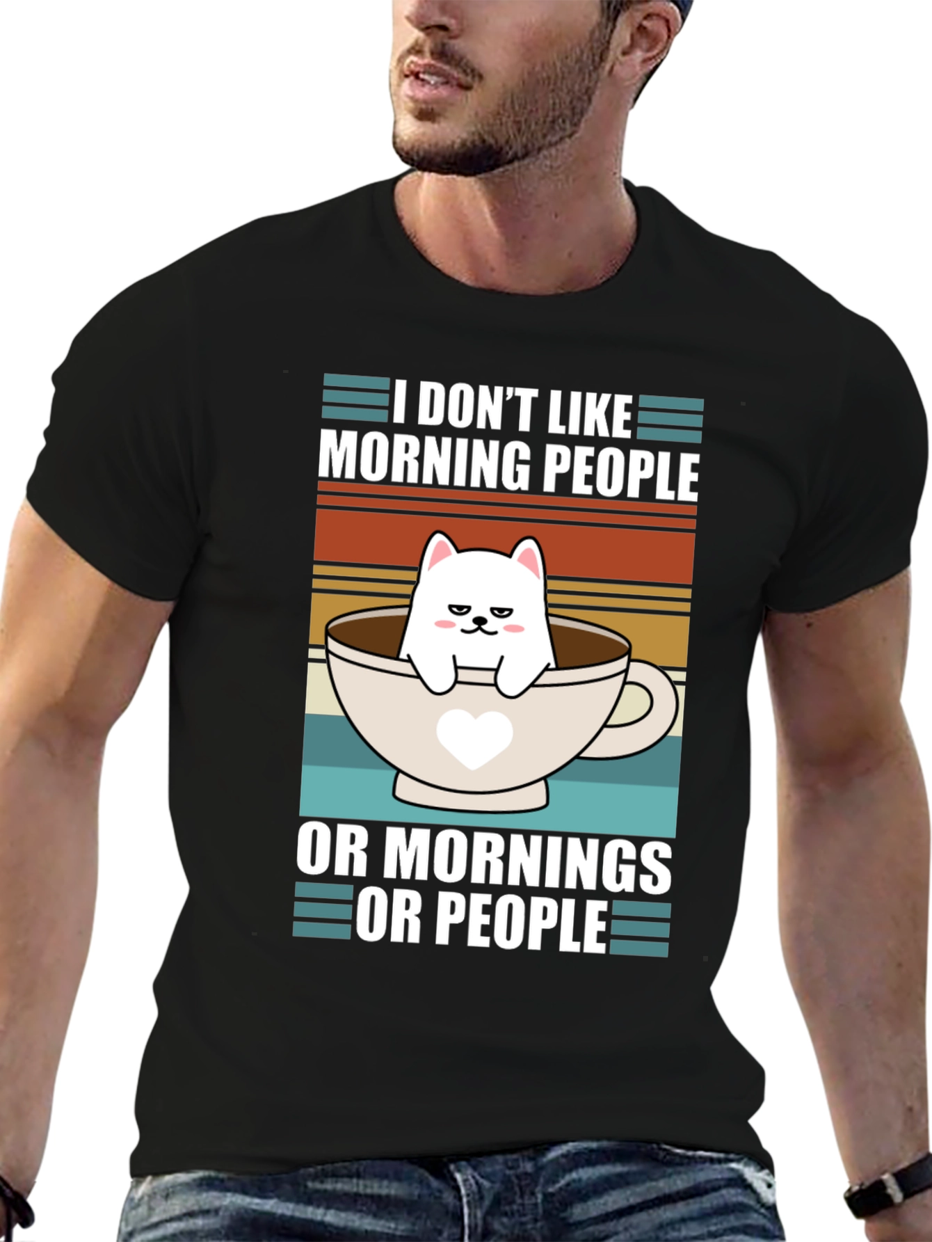Black Funny I Don't Like Morning People Cat T-Shirt view 6