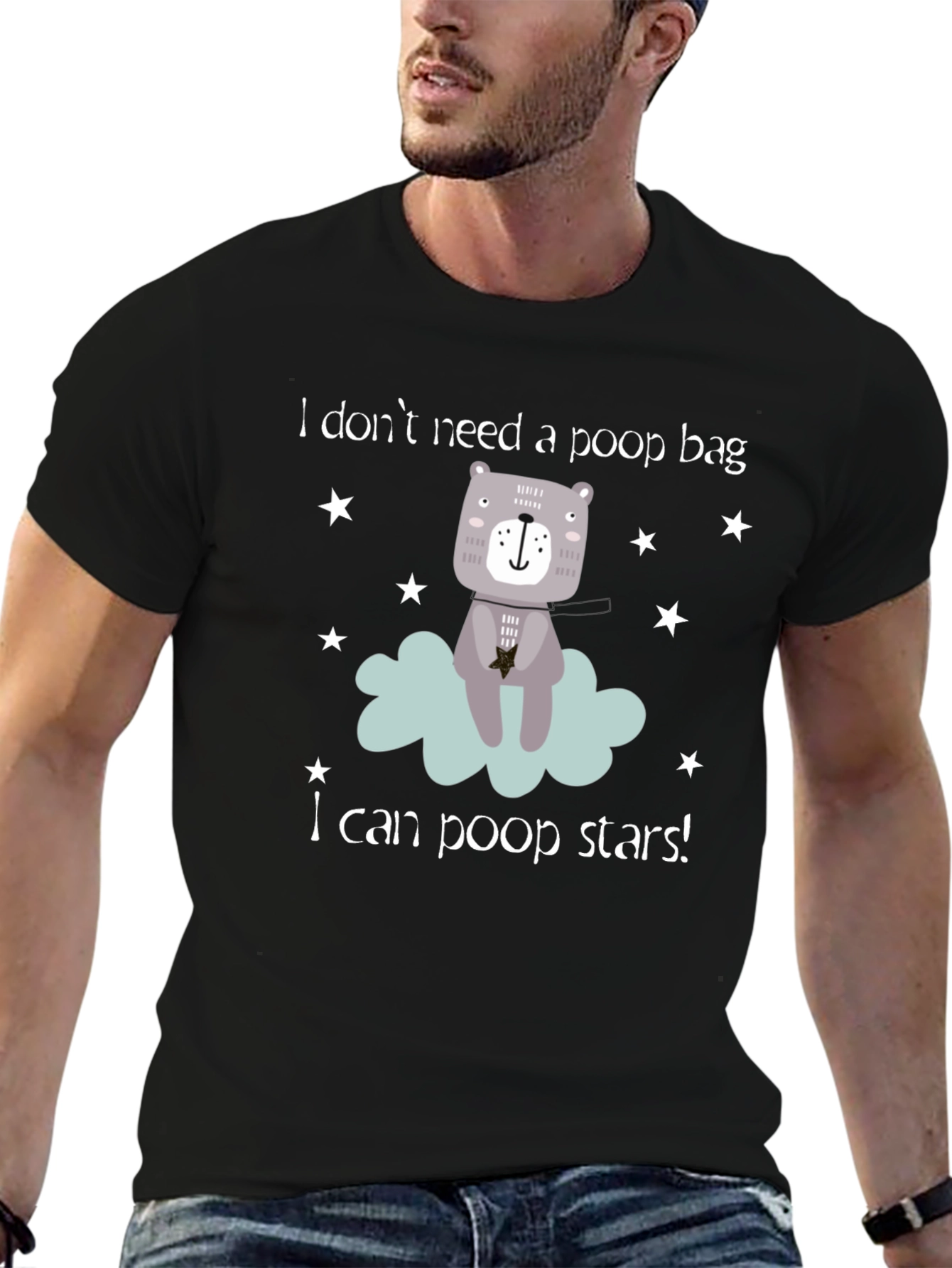 Black Funny "I Can Poop Stars!" Bear Graphic T-Shirt view 6