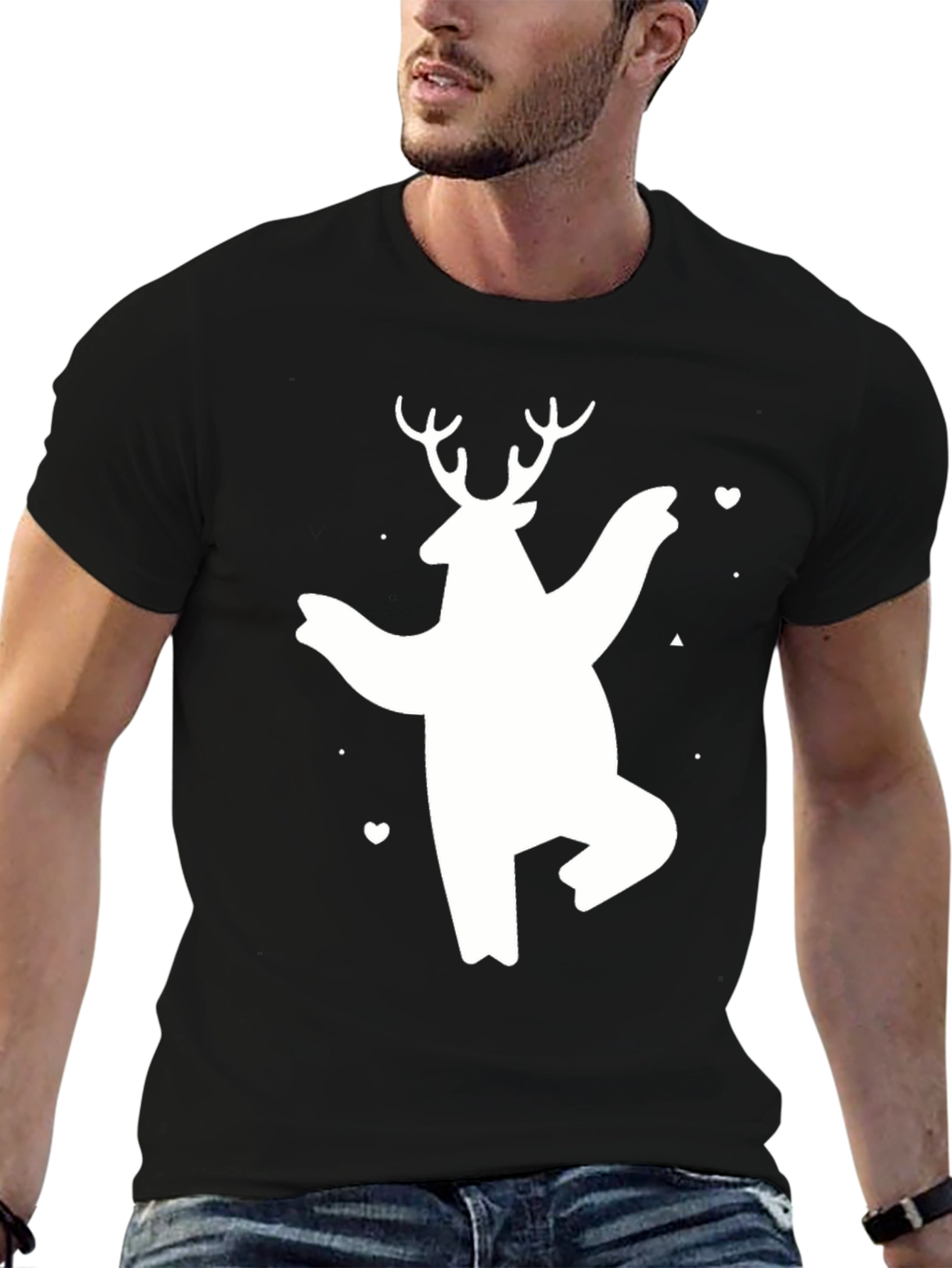 Black Bear Deer Graphic Tee - Black Cotton Casual T-Shirt view 6