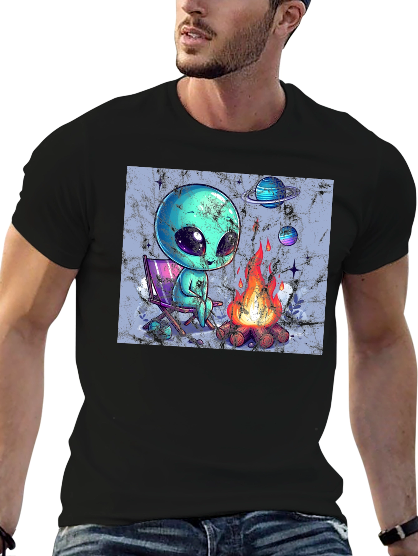 Black Alien Camping T-Shirt - Out of This World Comfort! view 6