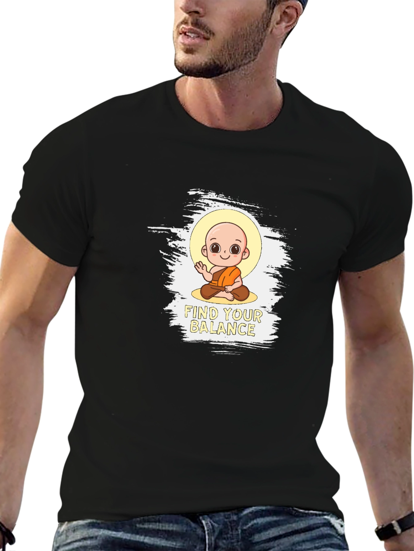 Black Find Your Balance T-Shirt - Cute Monk Design view 6