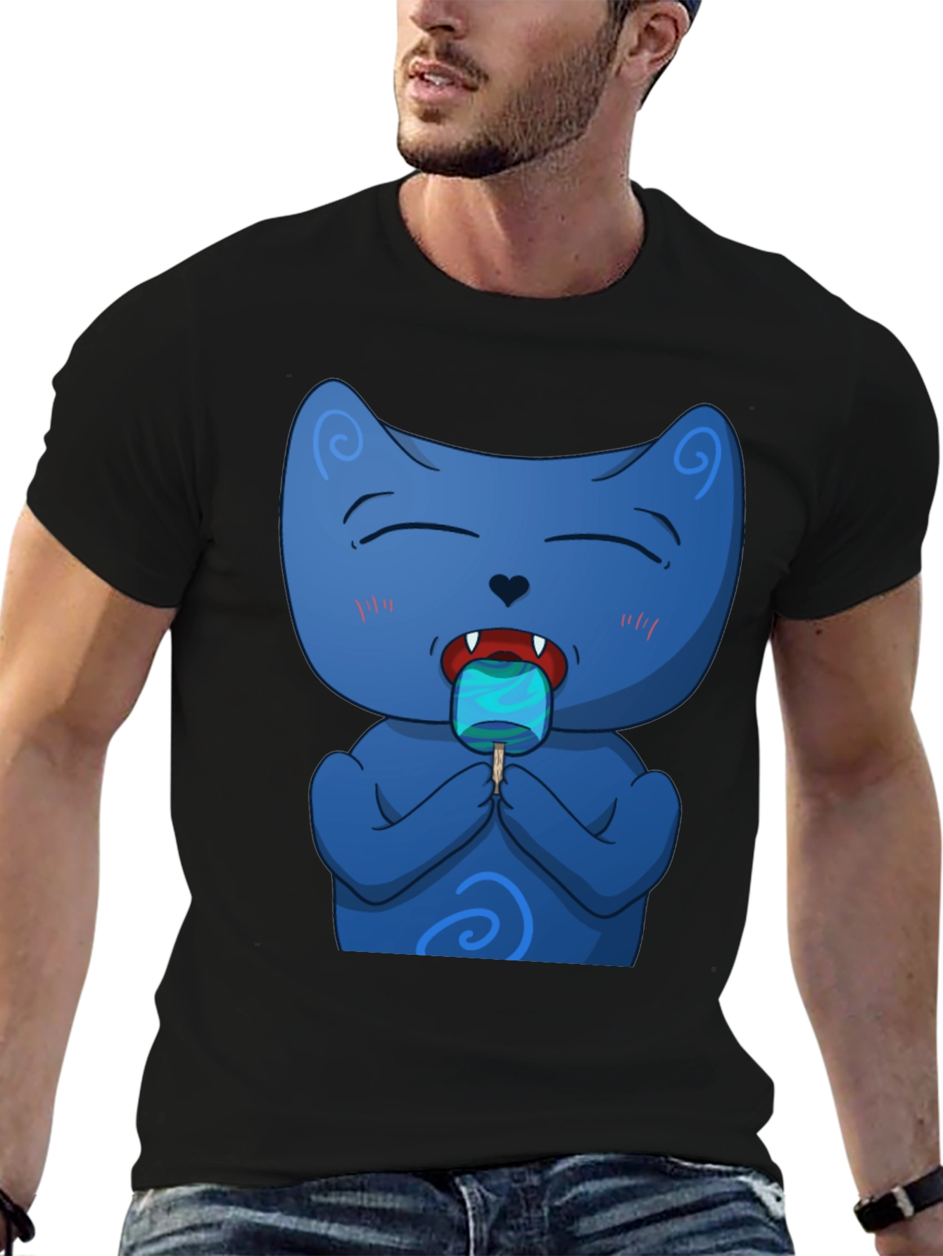 Black Cool Cat Licking Popsicle Black T-Shirt view 6