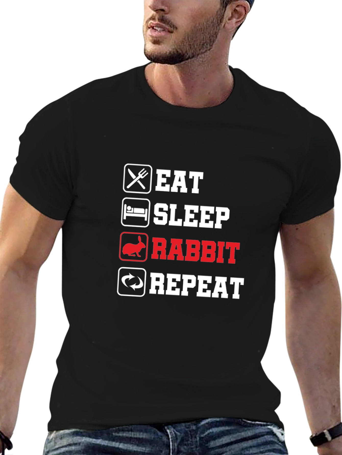 Black Eat Sleep Rabbit Repeat T-Shirt - Funny Pet Owner Tee view 6
