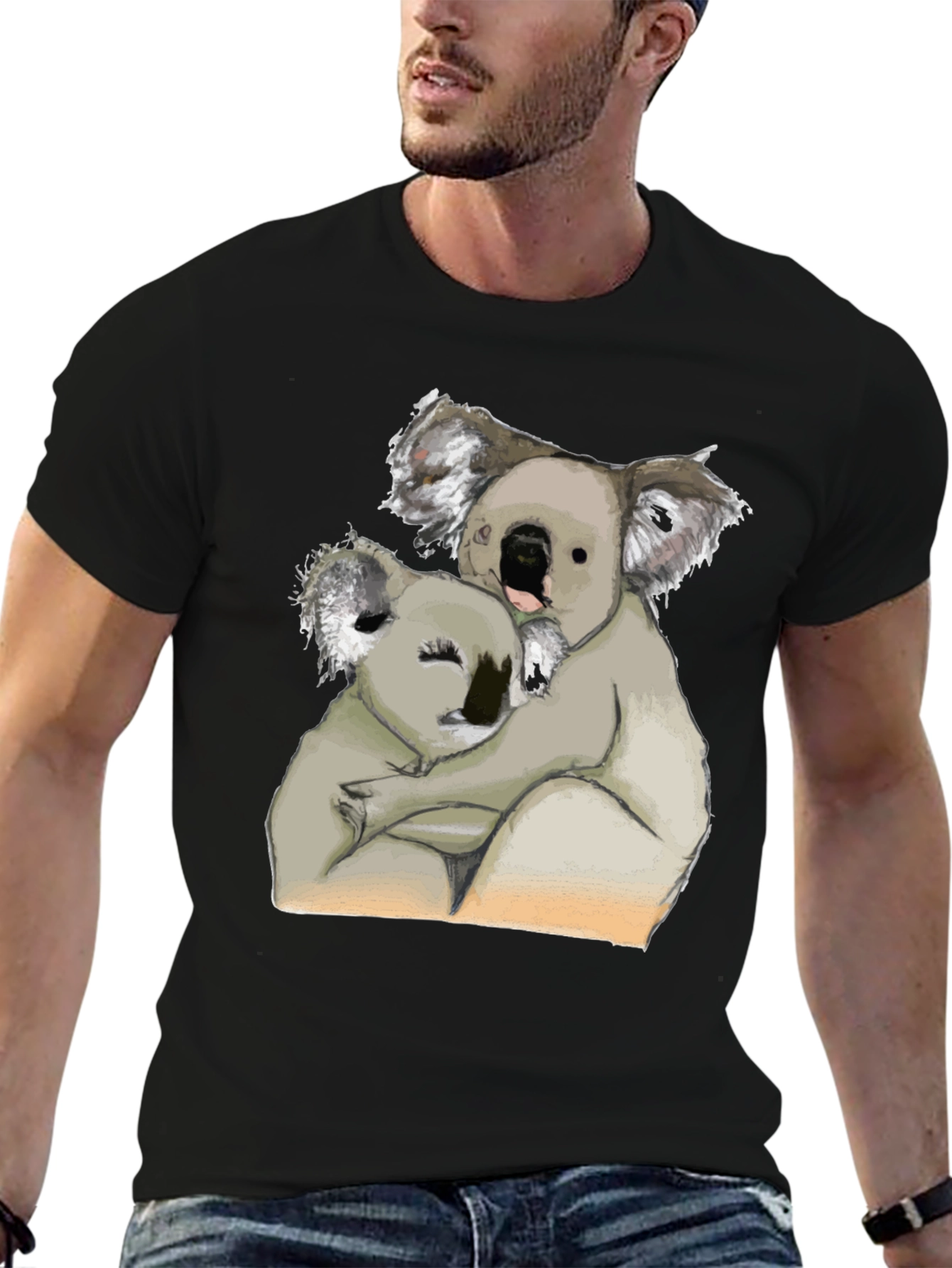 Black Koala Hug T-Shirt - Black Cotton Tee view 6