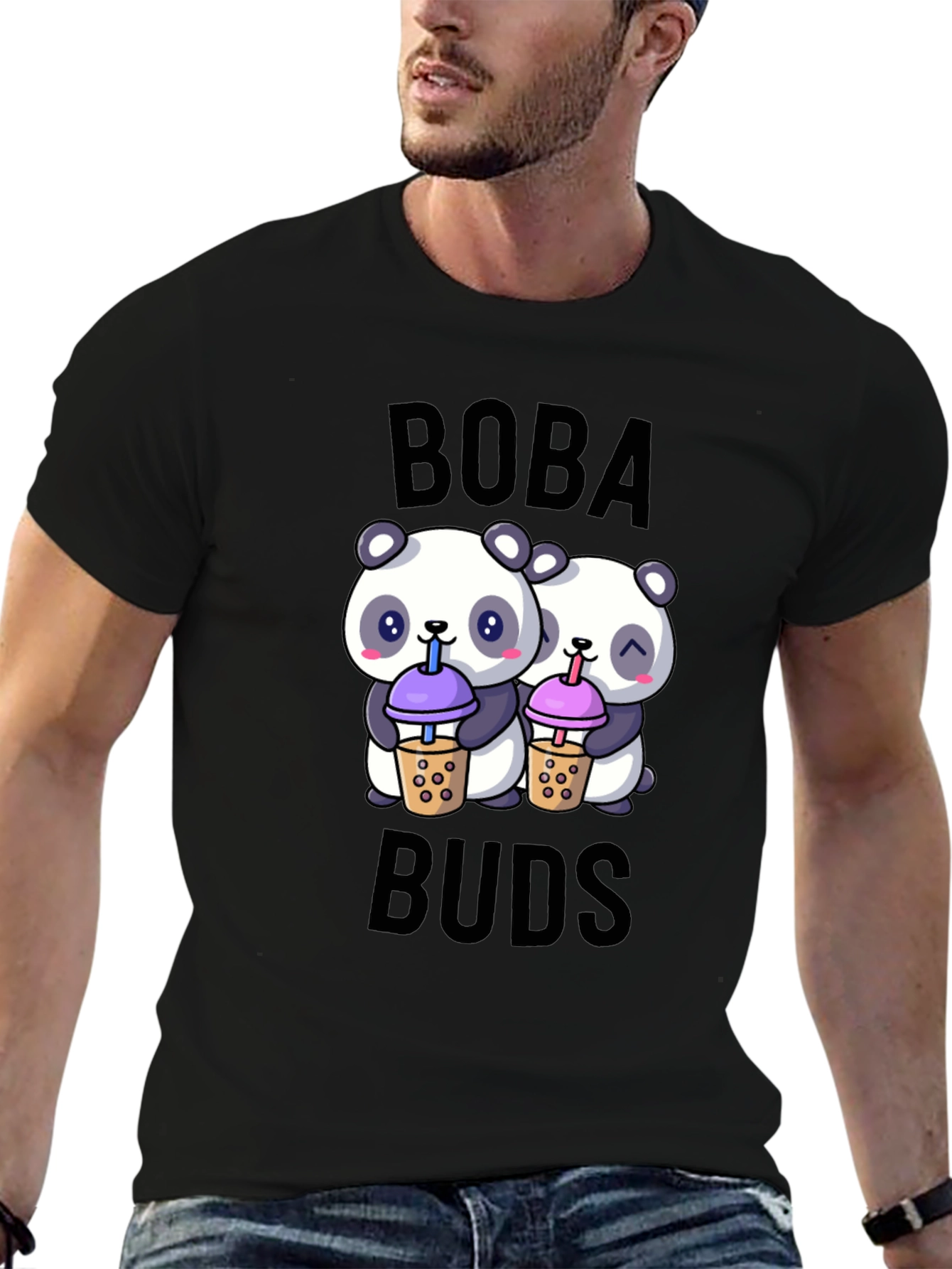 Black Boba Buds Panda T-Shirt: Cute Bubble Tea Lover Tee view 6
