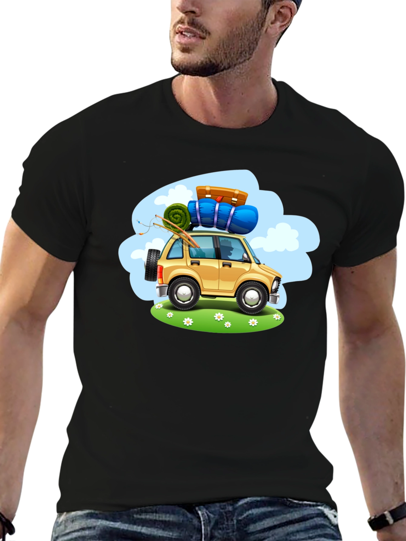 Black Adventure Car Graphic Tee - Black Cotton T-Shirt view 6