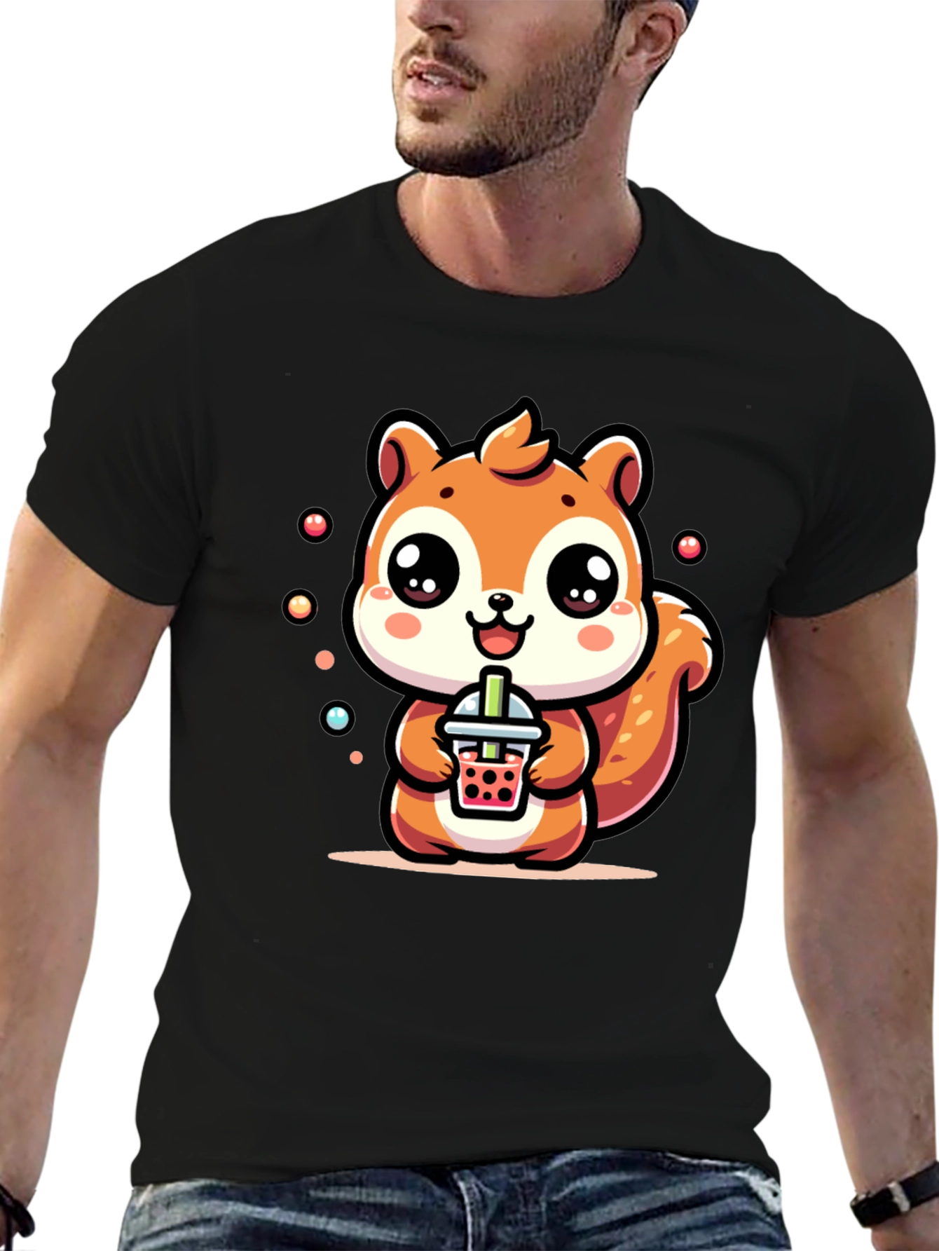 Black Cute Squirrel Boba Tea Graphic T-Shirt view 6