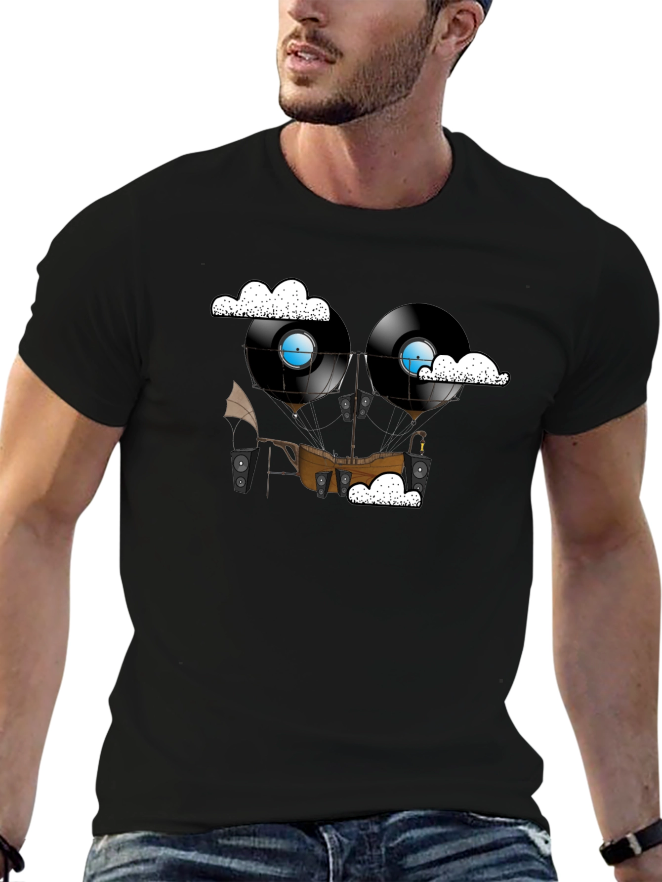 Black Steampunk Vinyl Record Airship Graphic Tee view 6
