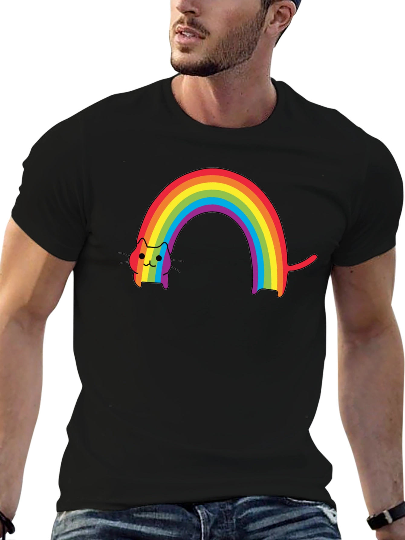 Black Rainbow Cat Graphic Tee - Stylish Comfort view 6
