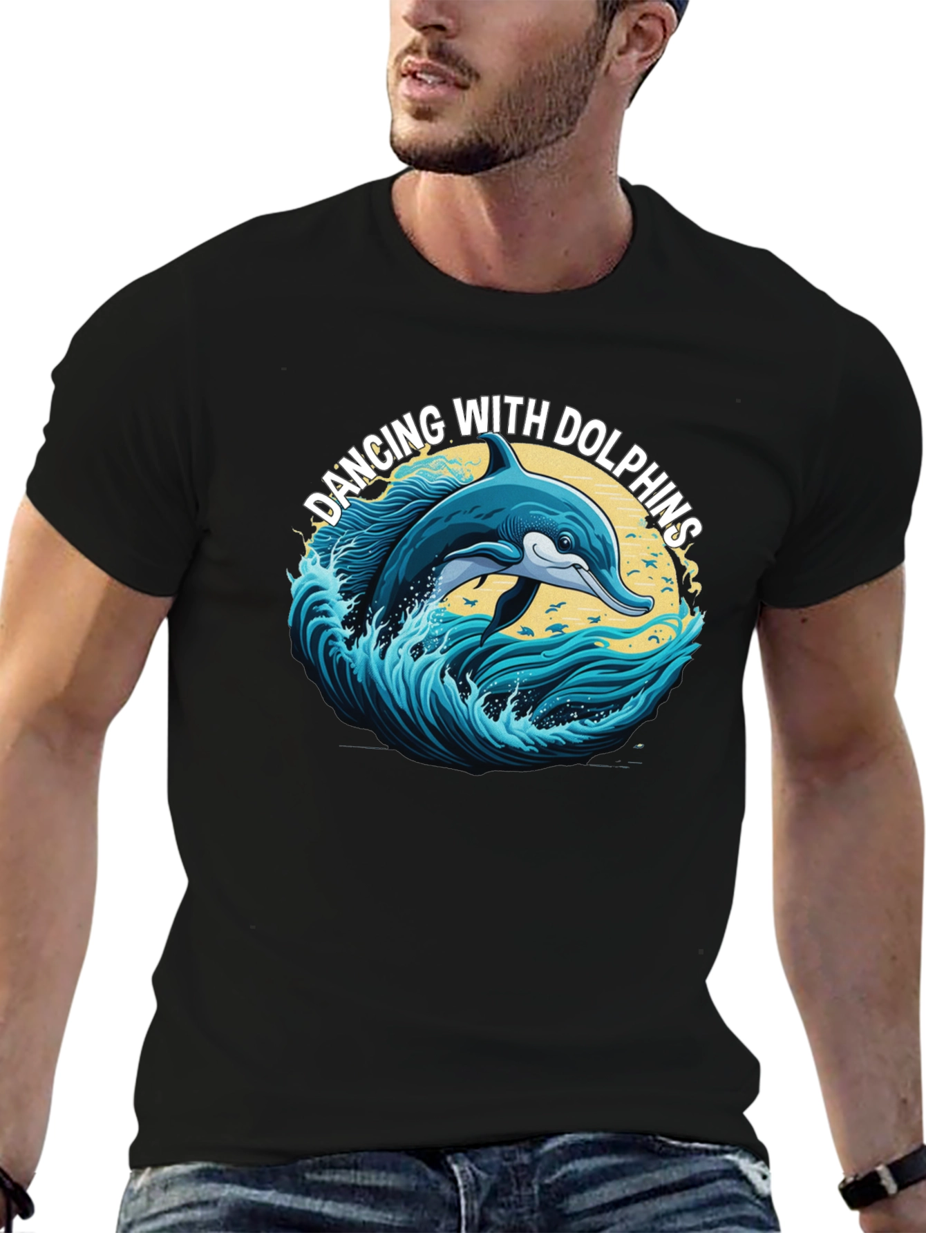 Black Dancing with Dolphins Graphic T-Shirt view 6