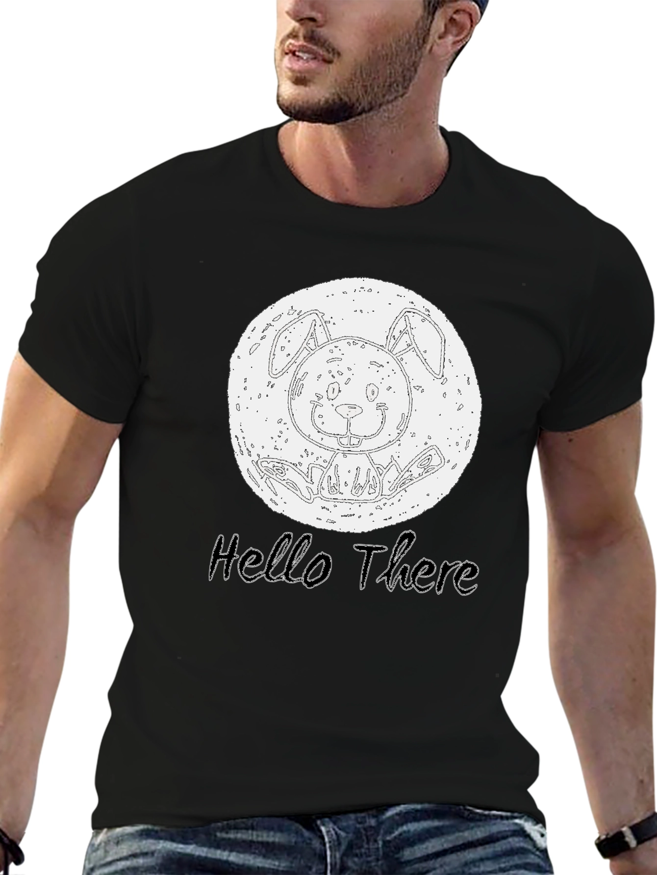 Black Hello There Bunny Graphic Tee - Black Cotton Casual T-Shirt view 6