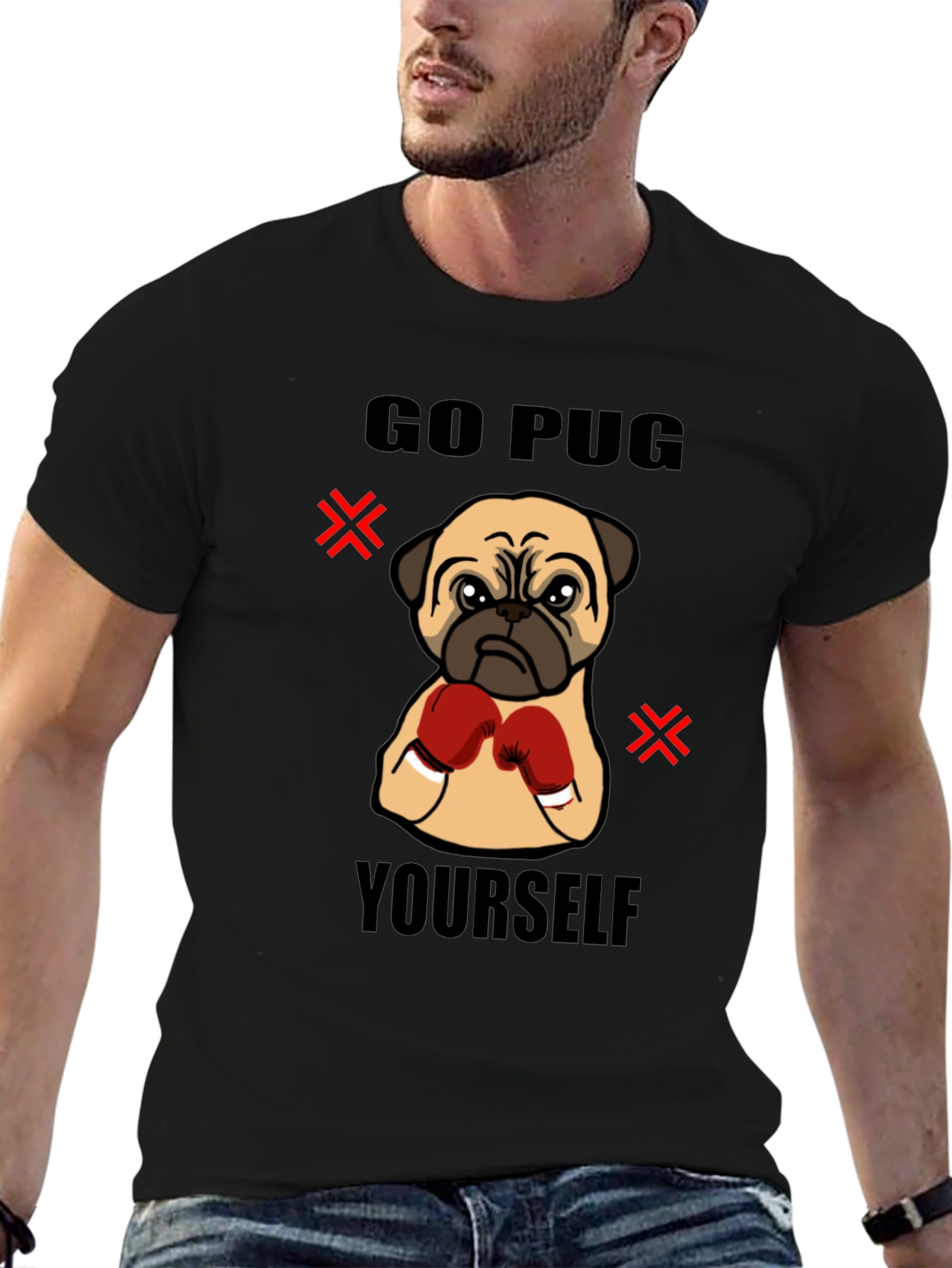 Black Go Pug Yourself Funny Boxing Pug Graphic T-Shirt view 6