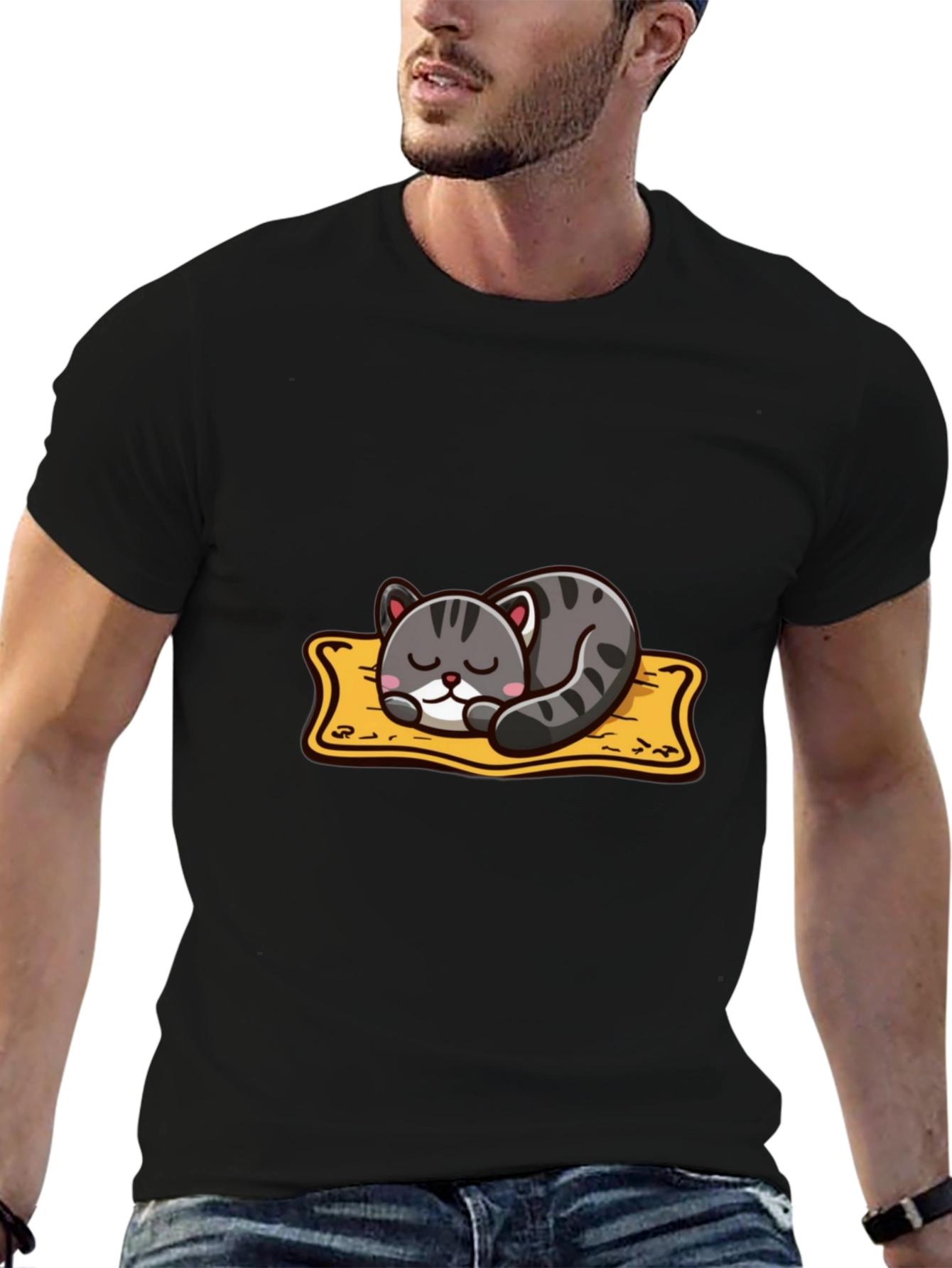 Black Cute Cartoon Cat Nap T-Shirt - Black view 6
