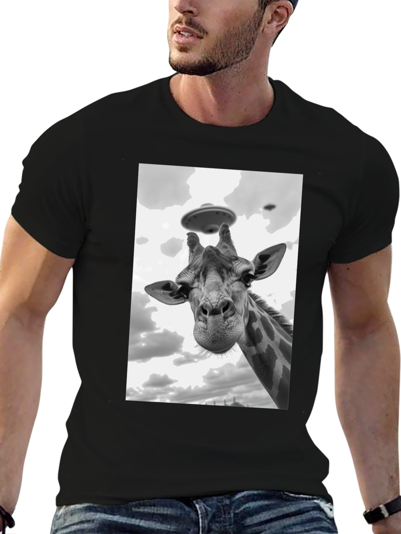 Black Giraffe Abduction T-Shirt: Quirky UFO Tee view 6