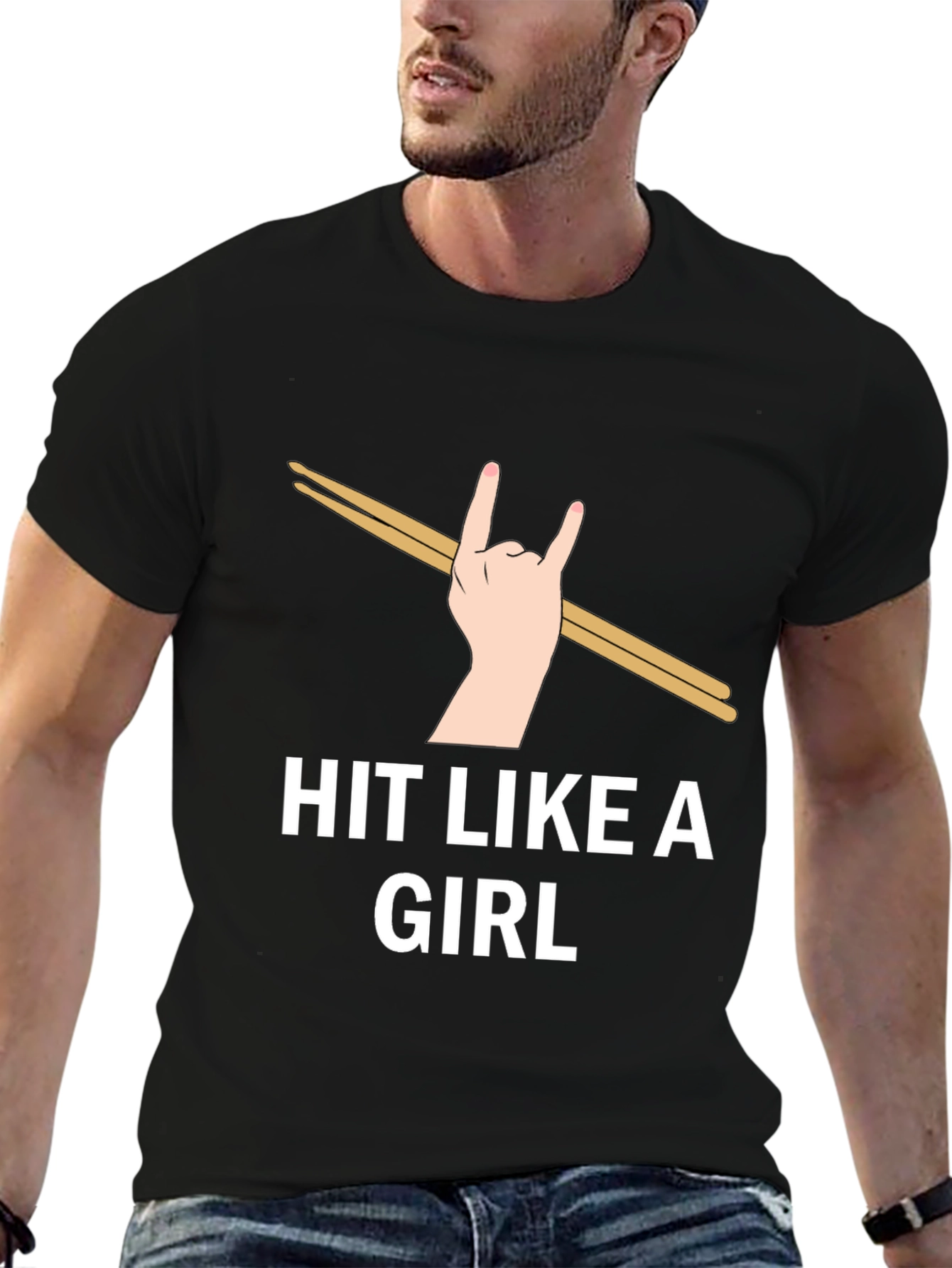 Black Hit Like a Girl Drummer T-Shirt - Music Lover Tee view 6