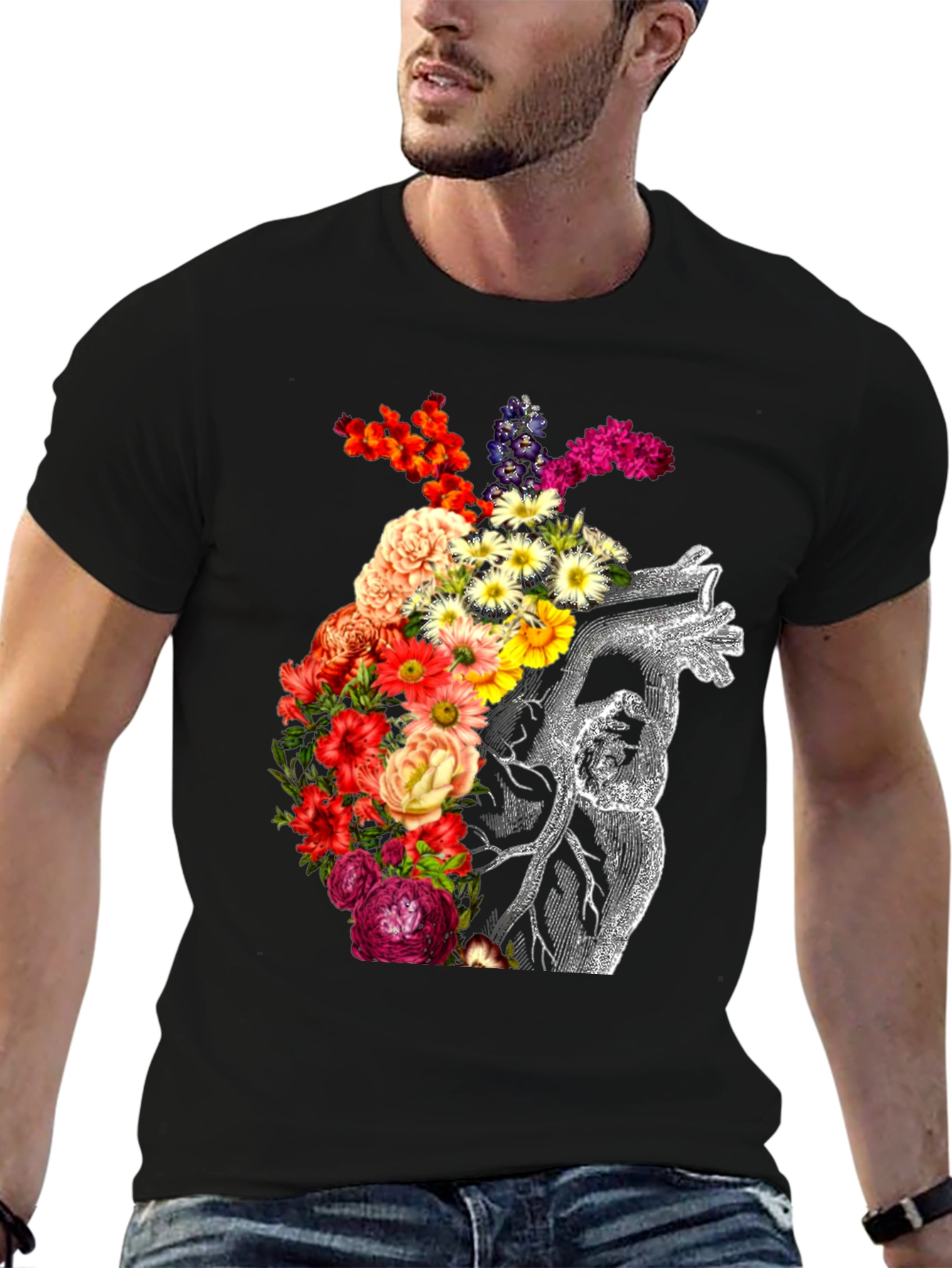Black Floral Heart Graphic Black T-Shirt view 6