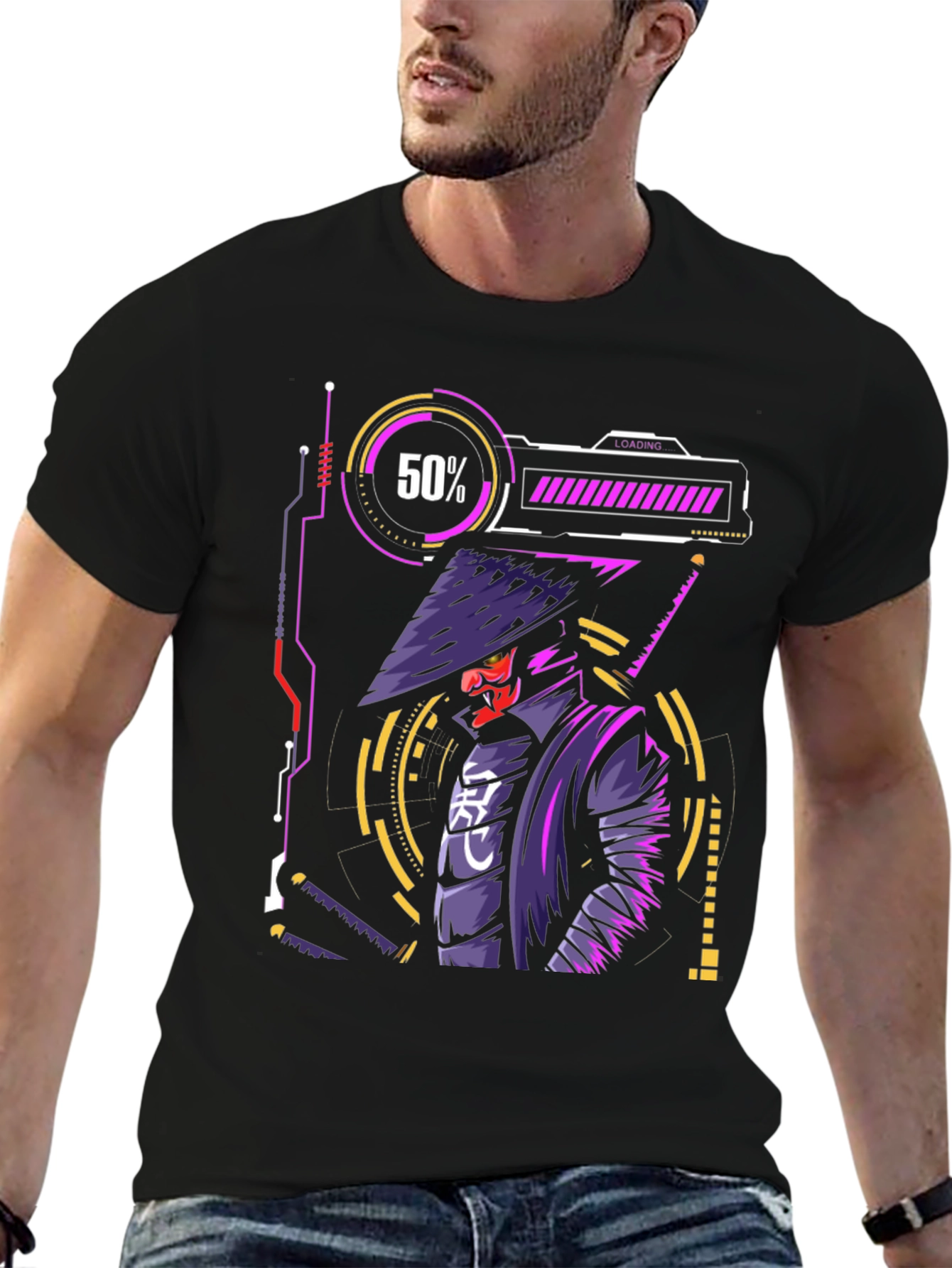 Black Cyberpunk Samurai T-Shirt - Futuristic Warrior Design view 6